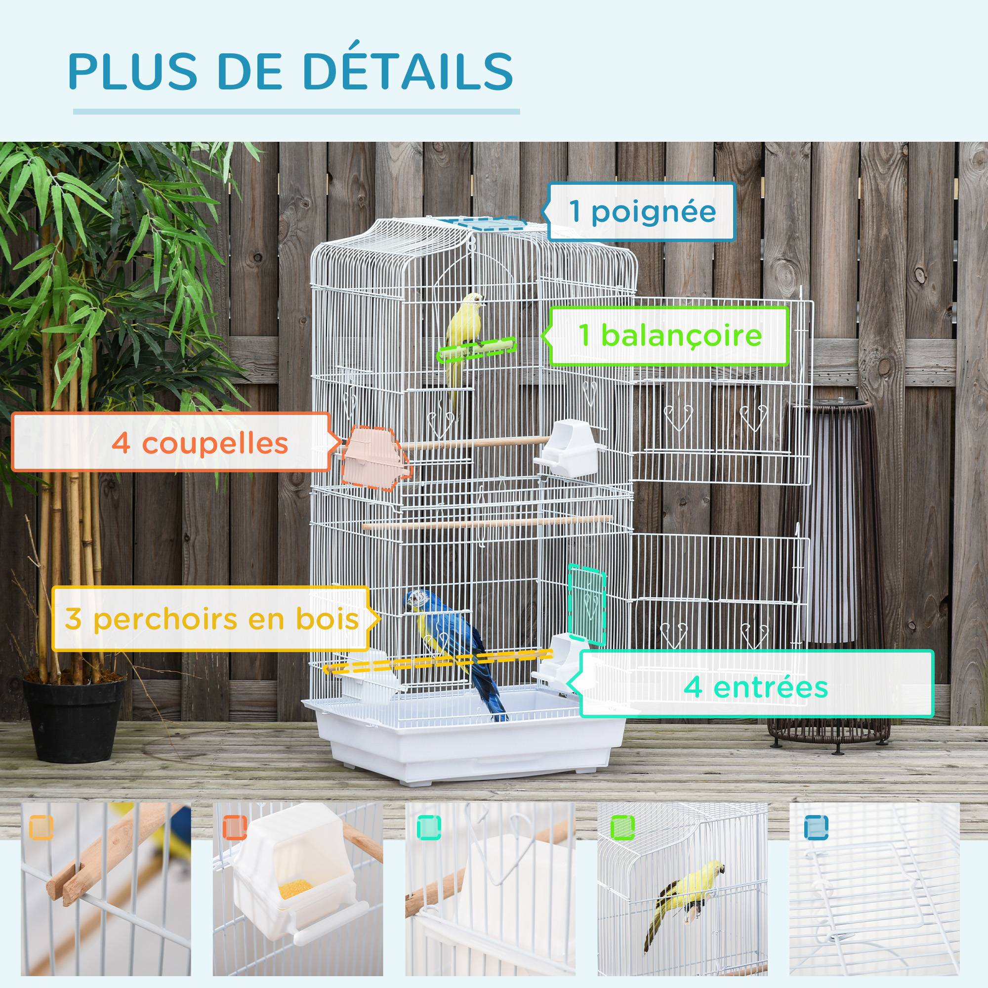 Pawhut - Cage à oiseaux volière avec mangeoires perchoirs plateau amovible 2 portes dim. 46,5L x 35,5l x 92H cm métal blanc - Imagen 6
