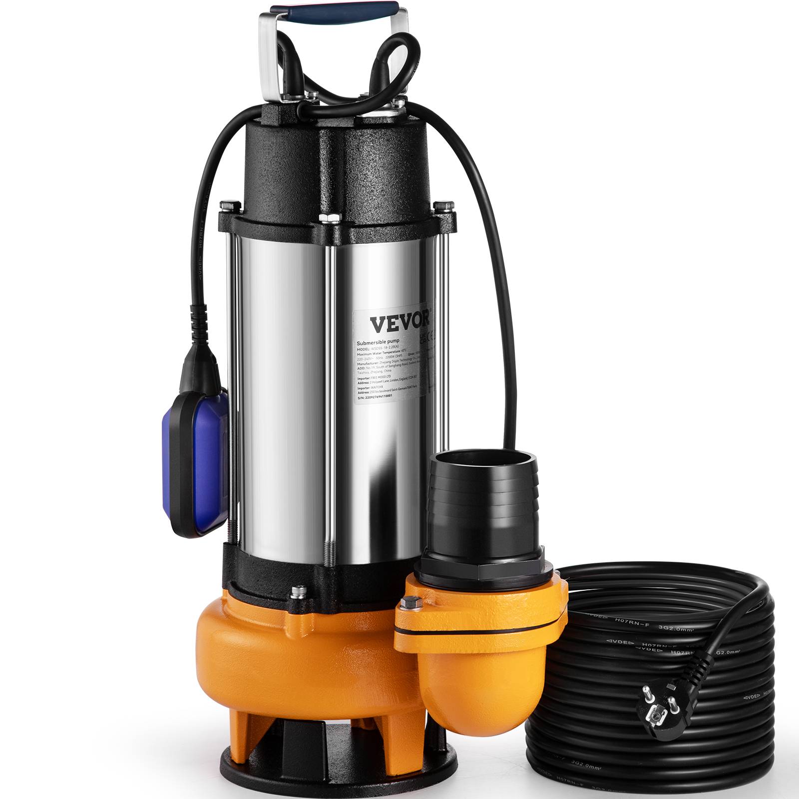 VEVOR Pompe relevage eaux chargées 2200W, 1000 L/min, submersible, pour piscine, cave, eaux usées. - Image 1