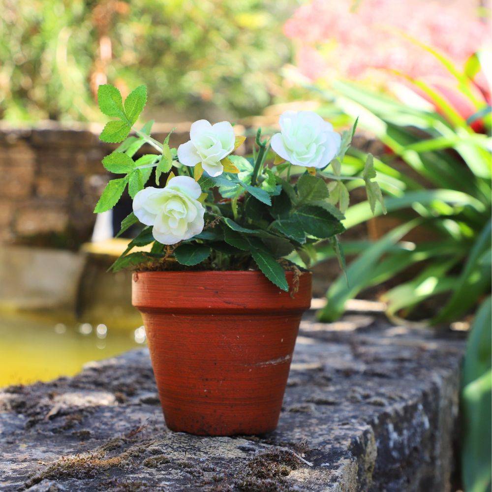 Rosier plante fleur artificielle extérieur cimetière tissu blanc 23cm Chemin de campagne - Imagen 2