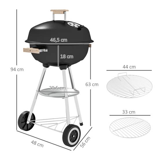 Outsunny - Barbecue à charbon - BBQ rond avec couvercle, roues et contrôle température - 48 x 56 x 94 cm - noir - Outsunny - Image 3