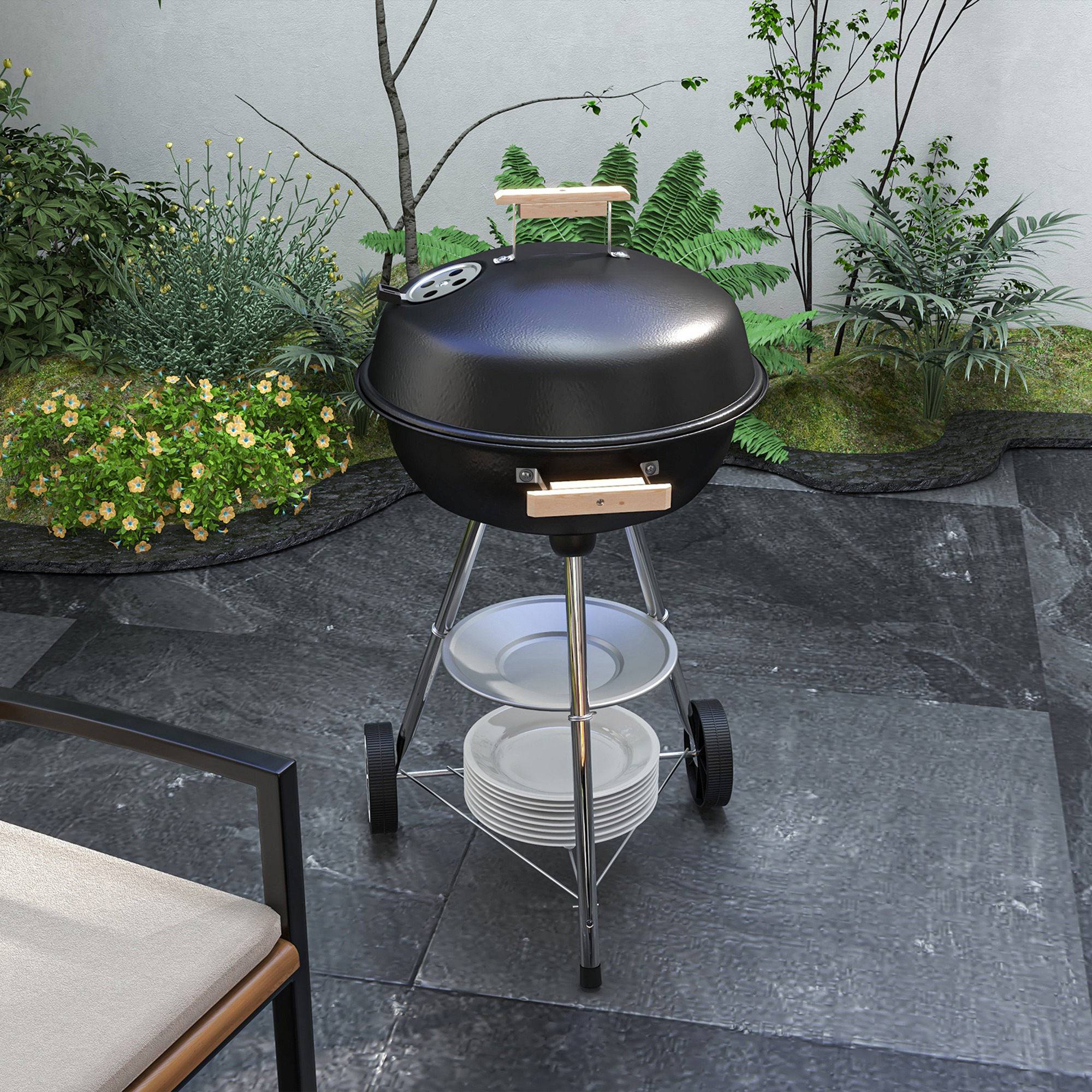 Outsunny - Barbecue à charbon - BBQ rond avec couvercle, roues et contrôle température - 48 x 56 x 94 cm - noir - Outsunny - Image 6