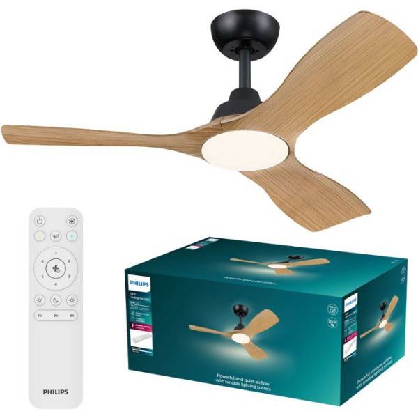 Philips - Ventilateur de Plafond - Plafonnier  - Philips - Olas - Pales fixes - Diametre 106 cm - Noir/Bois - LED intégrée + télécommande - Image 1