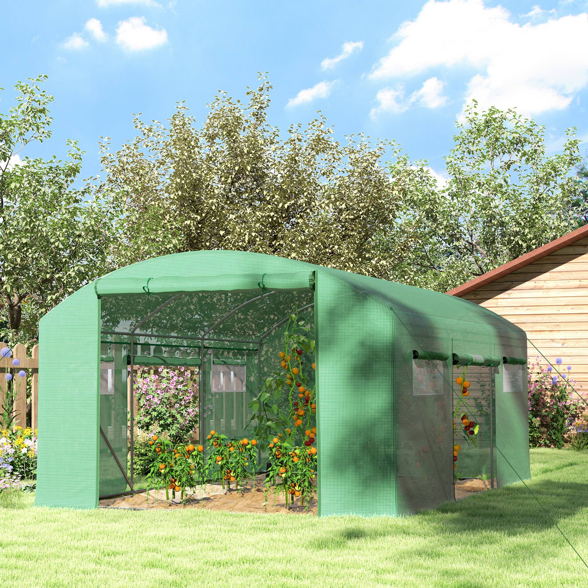 Sans Marque - Serre tunnel 4x3x2 m 6 fenêtres 3 portes sectionnelles polyéthylène acier galvanisé vert - Image 4