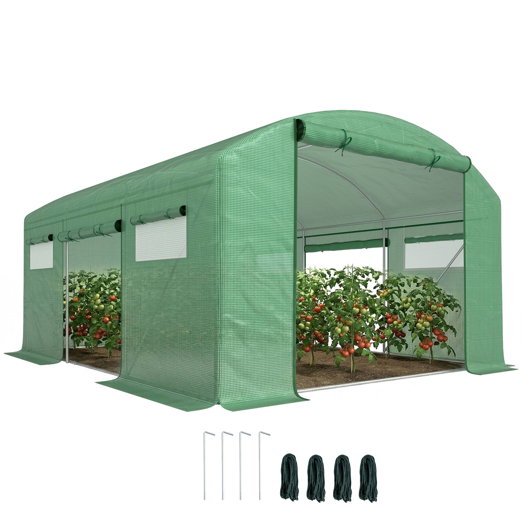Sans Marque - Serre tunnel 4x3x2 m 6 fenêtres 3 portes sectionnelles polyéthylène acier galvanisé vert - Image 1