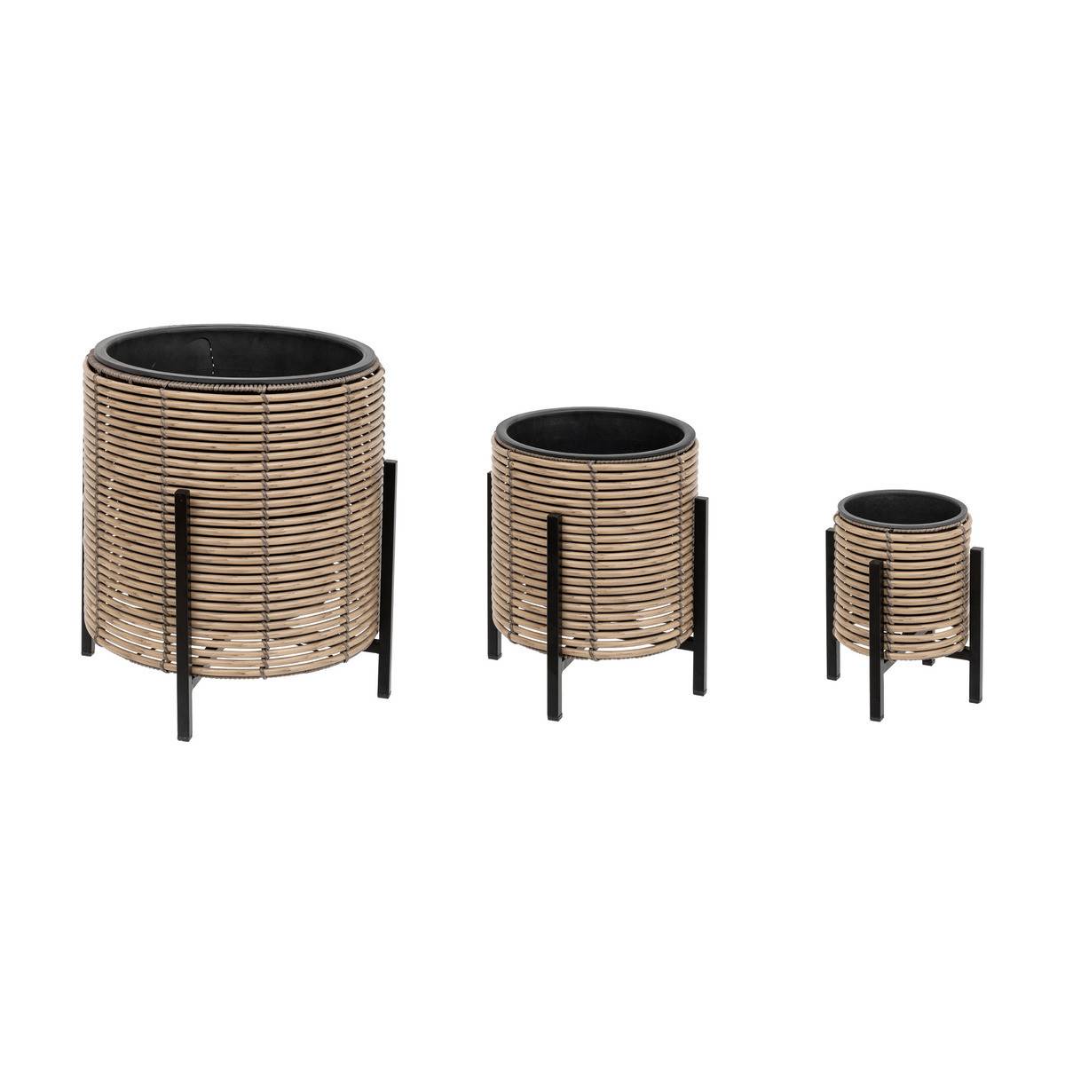 Lot de 3 Cache-pots aspect Rotin sur pied en métal Noir D 17 D 25 et D 36 cm - Image 1