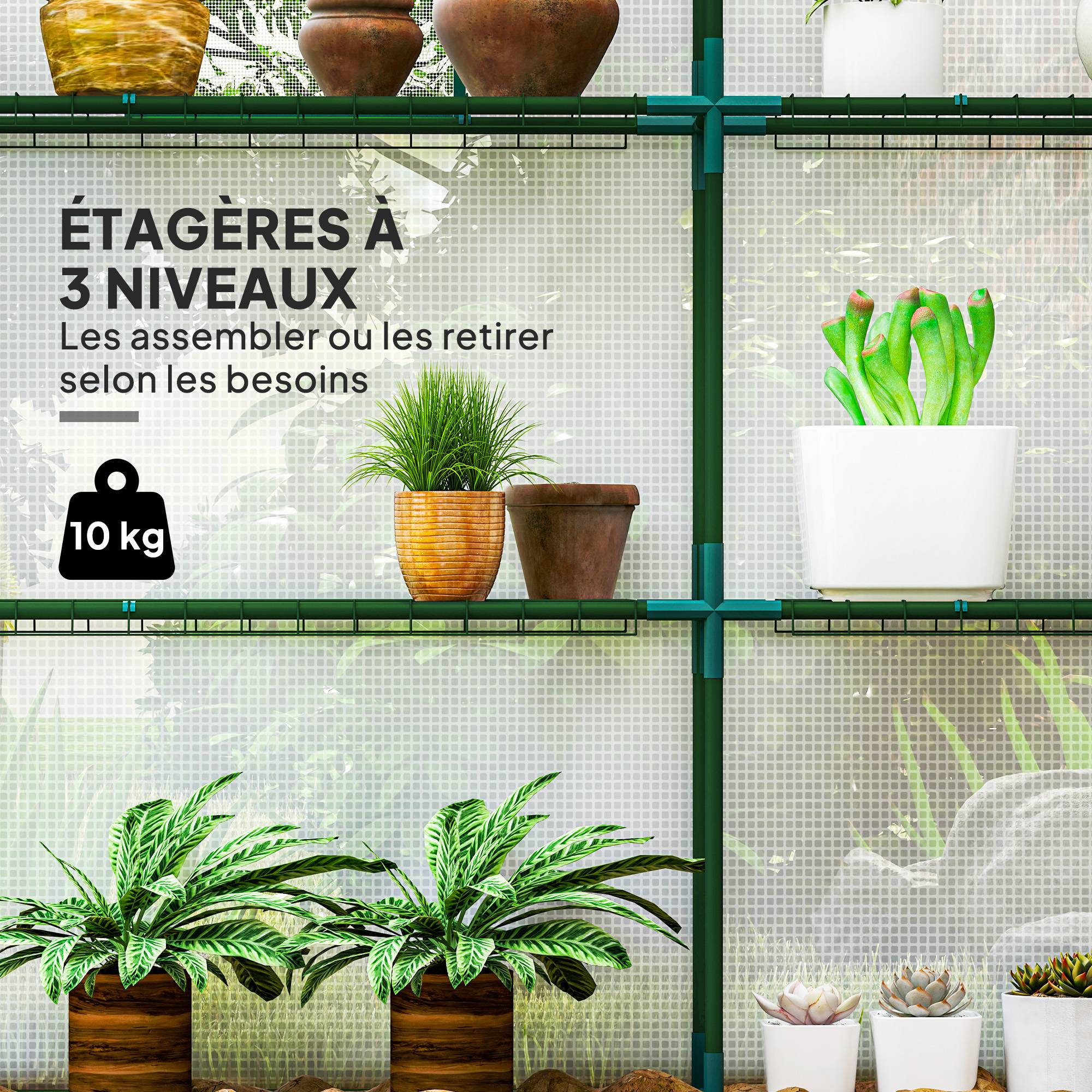 Outsunny - Serre de jardin et balcon 140x143x190cm avec 3 étagères, bâche renforcée 135g/m², porte zippée enroulable, structure acier blanc - Outsunny - Image 4