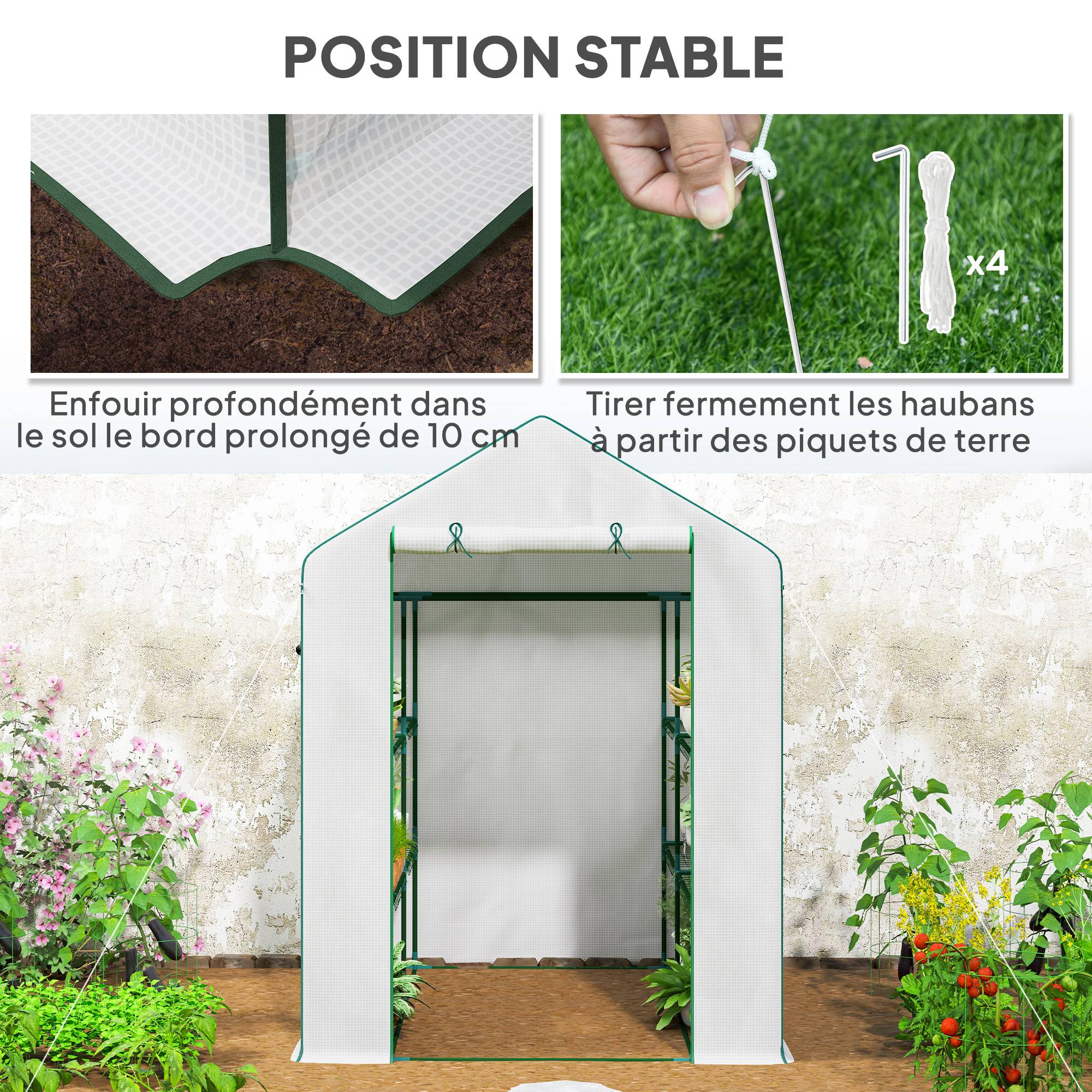 Outsunny - Serre de jardin et balcon 140x143x190cm avec 3 étagères, bâche renforcée 135g/m², porte zippée enroulable, structure acier blanc - Outsunny - Image 7