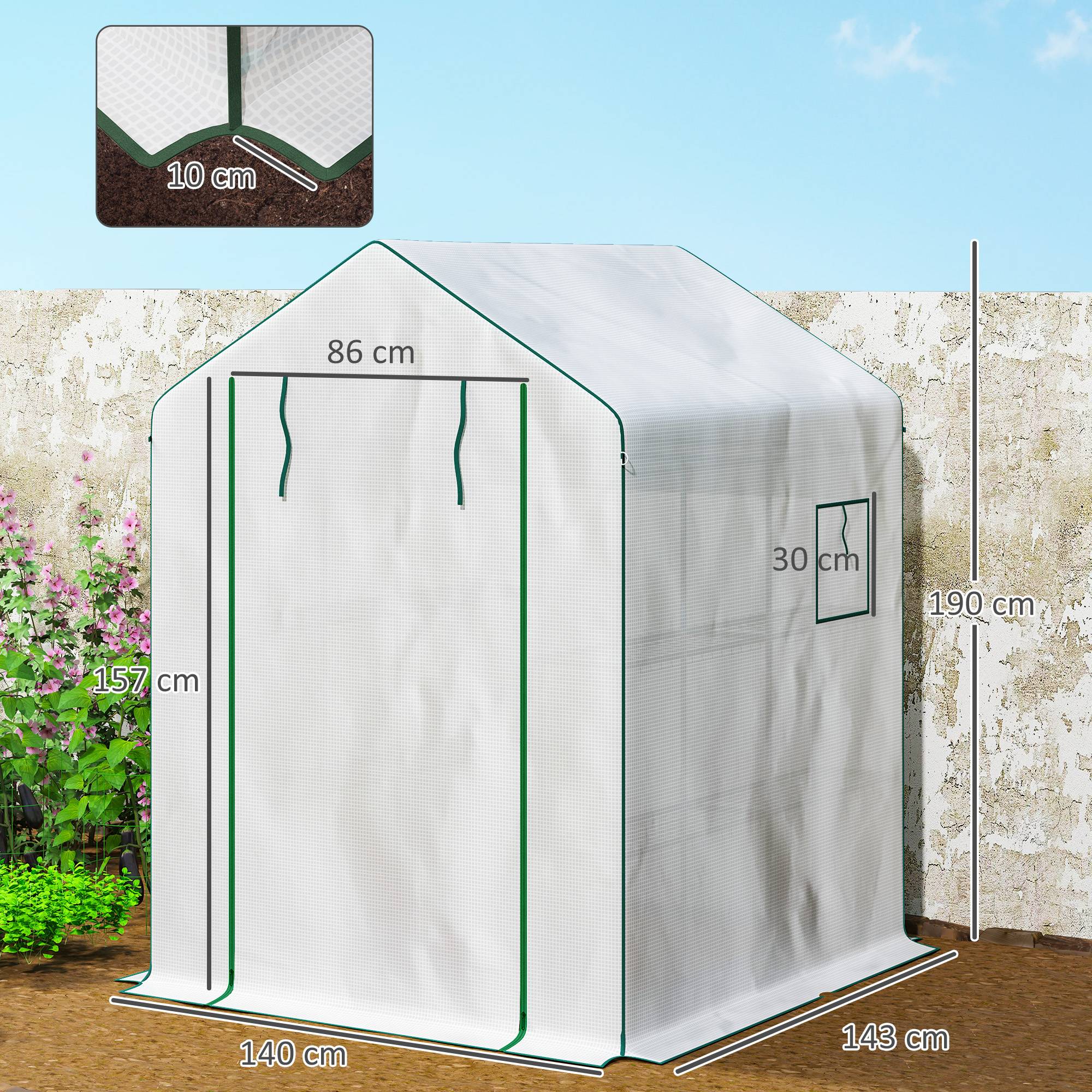 Outsunny - Serre de jardin et balcon 140x143x190cm avec 3 étagères, bâche renforcée 135g/m², porte zippée enroulable, structure acier blanc - Outsunny - Image 3