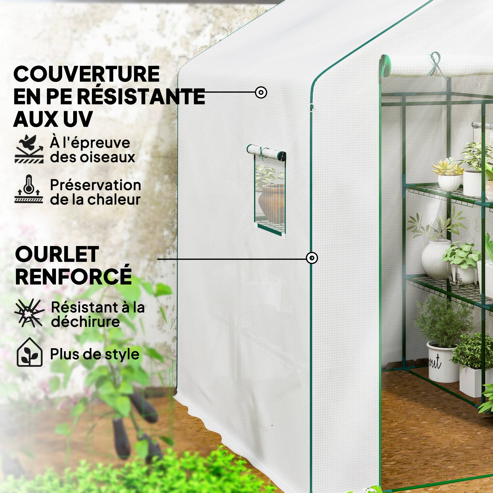 Outsunny - Serre de jardin et balcon 140x143x190cm avec 3 étagères, bâche renforcée 135g/m², porte zippée enroulable, structure acier blanc - Outsunny - Image 5