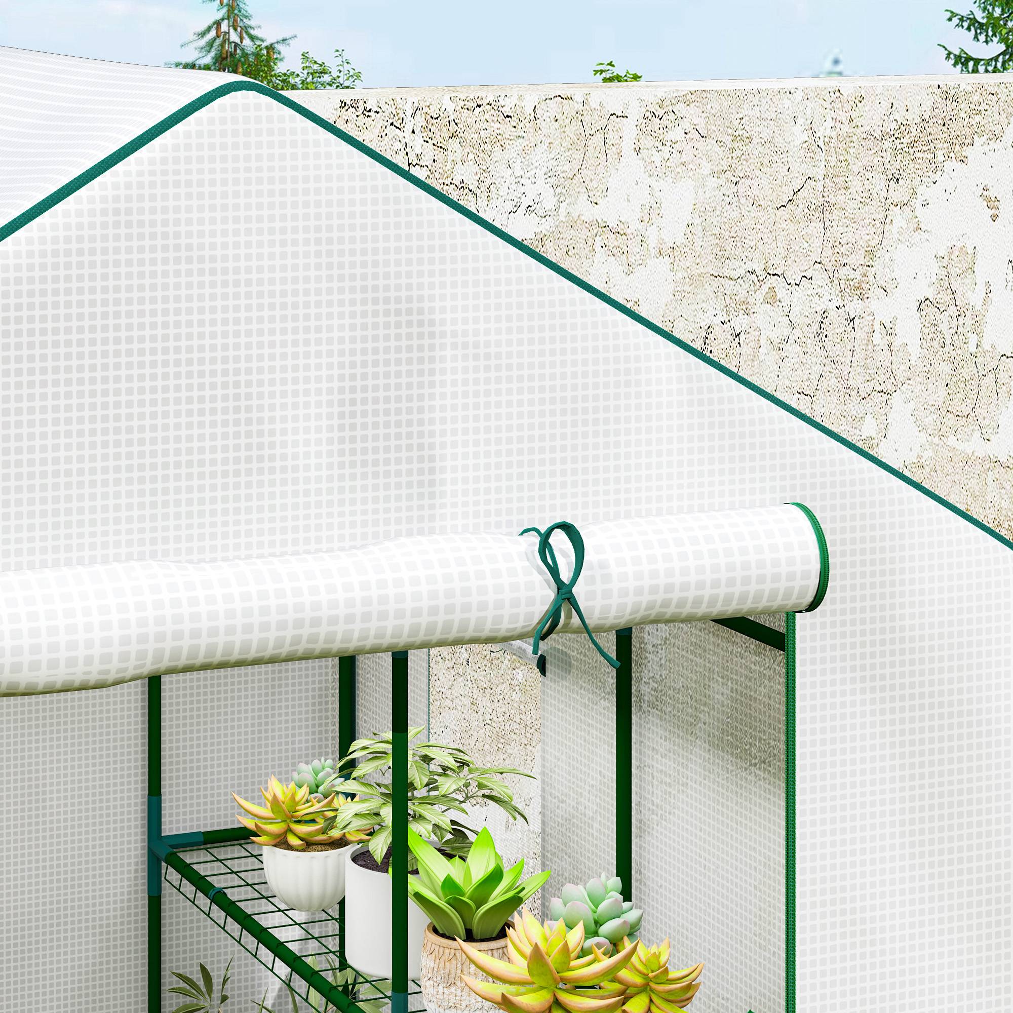 Outsunny - Serre de jardin et balcon 140x143x190cm avec 3 étagères, bâche renforcée 135g/m², porte zippée enroulable, structure acier blanc - Outsunny - Image 8