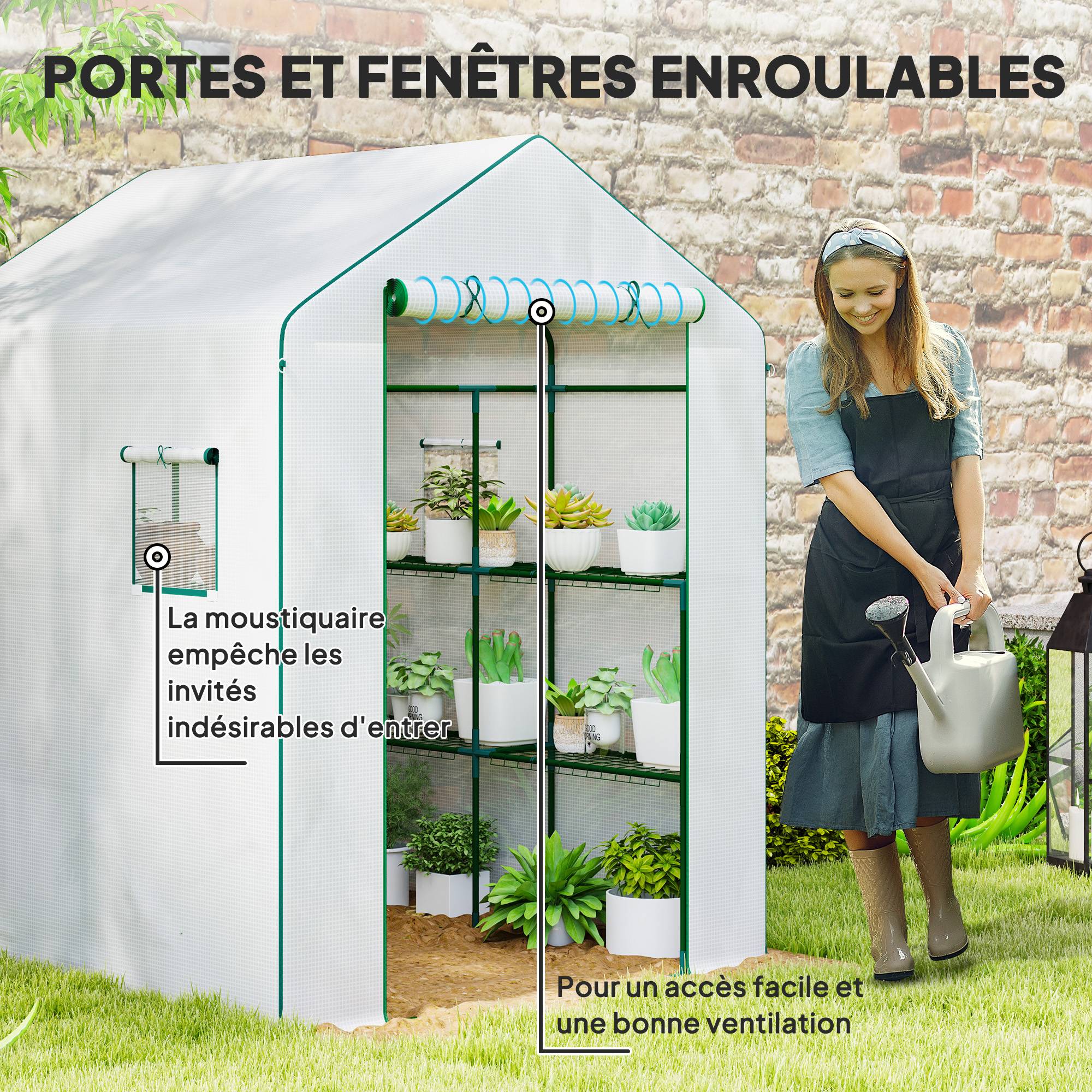 Outsunny - Serre de jardin et balcon 140x143x190cm avec 3 étagères, bâche renforcée 135g/m², porte zippée enroulable, structure acier blanc - Outsunny - Image 6