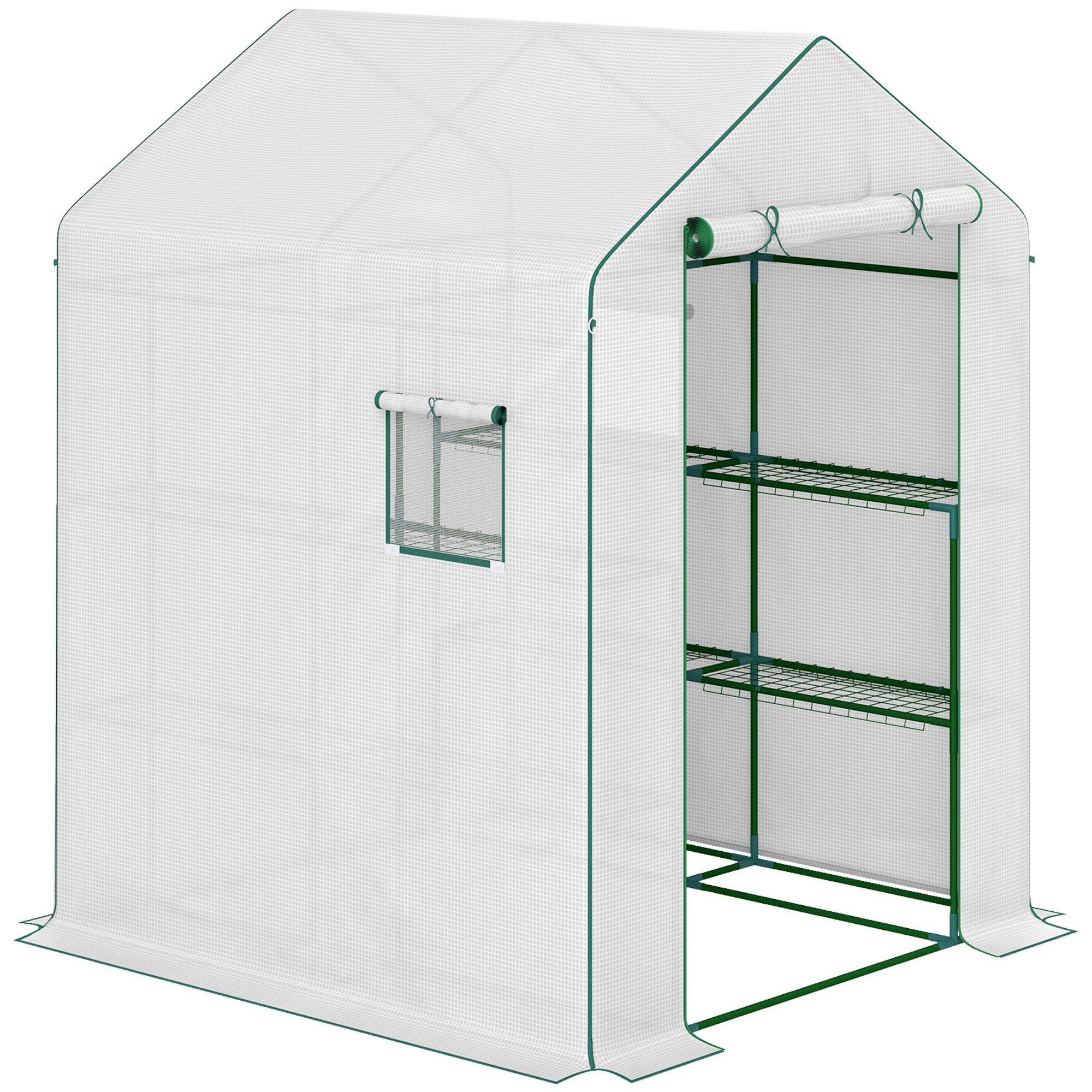 Outsunny - Serre de jardin et balcon 140x143x190cm avec 3 étagères, bâche renforcée 135g/m², porte zippée enroulable, structure acier blanc - Outsunny - Image 1
