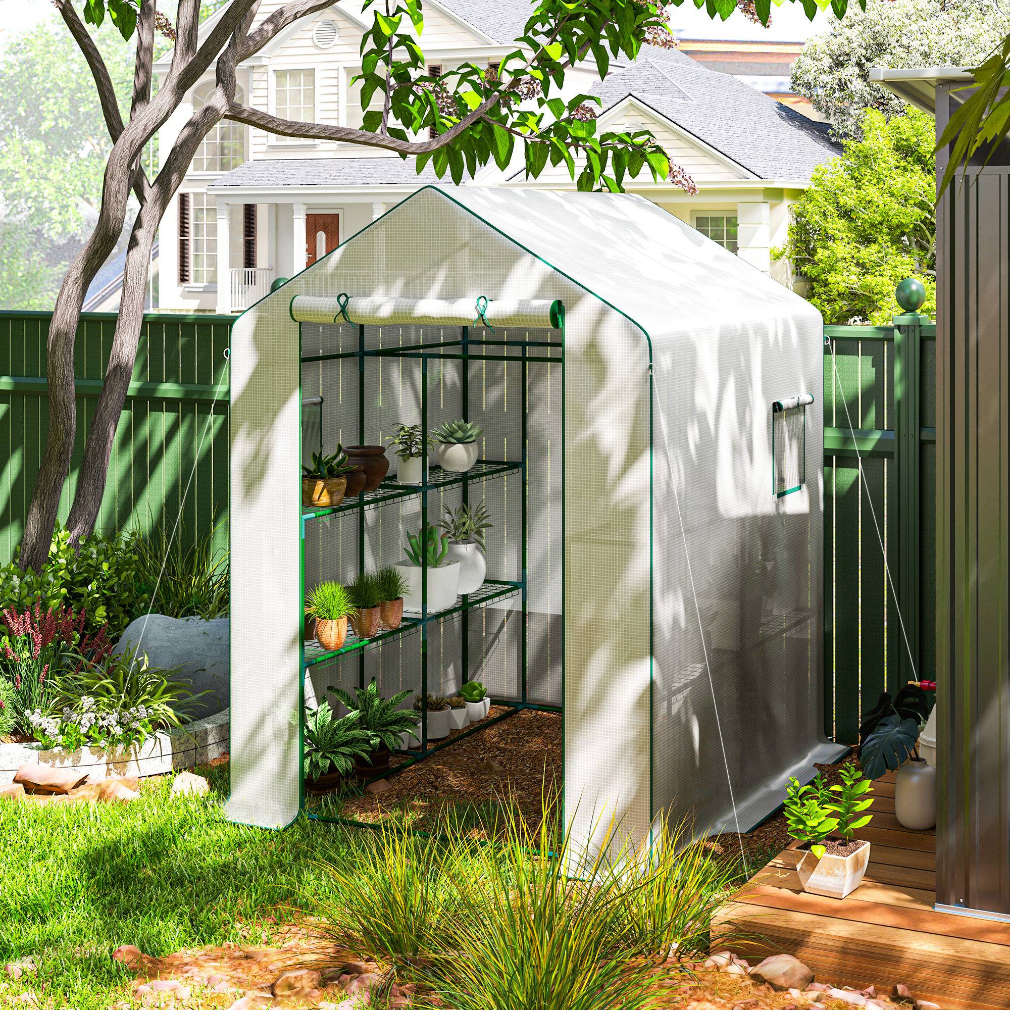 Outsunny - Serre de jardin et balcon 140x143x190cm avec 3 étagères, bâche renforcée 135g/m², porte zippée enroulable, structure acier blanc - Outsunny - Image 2