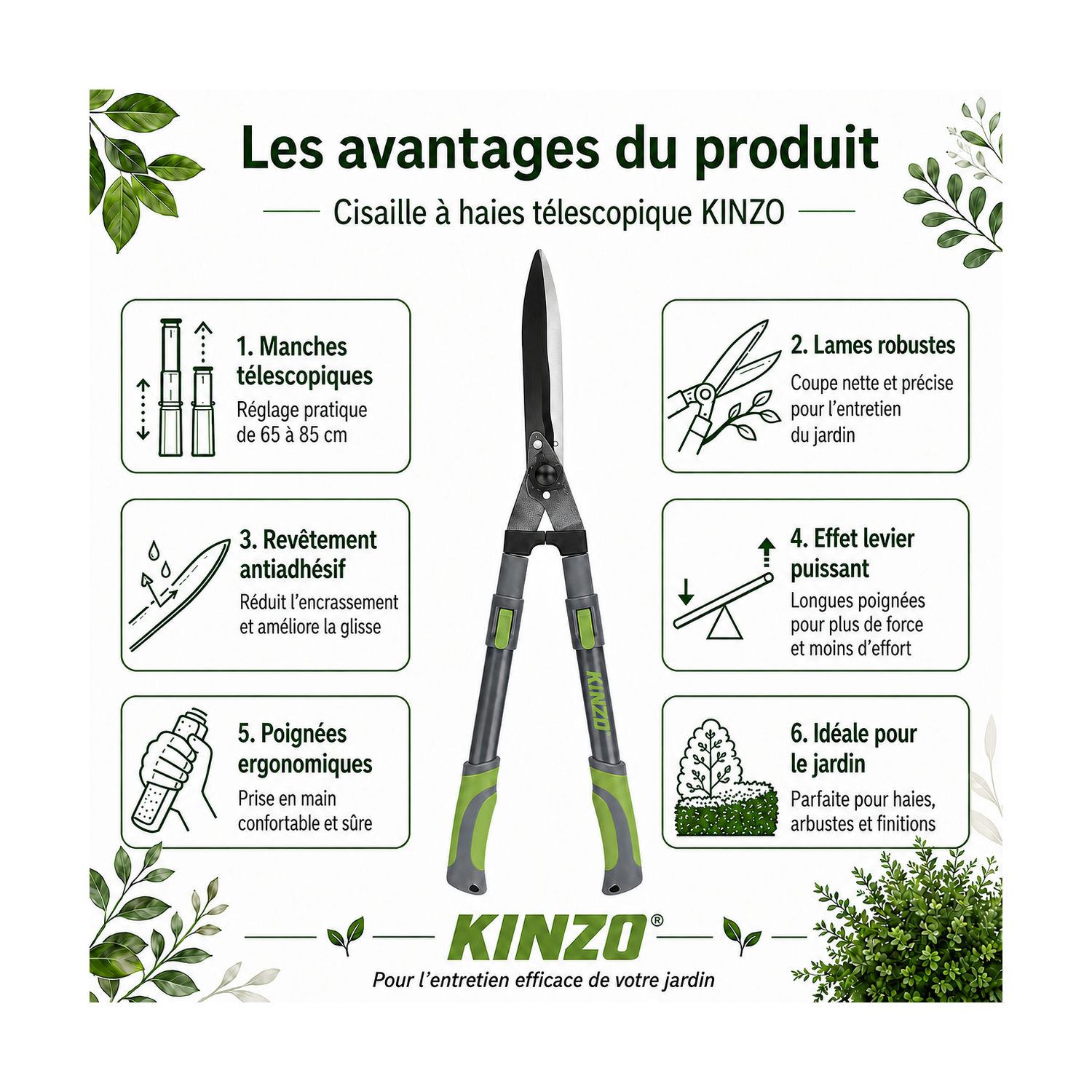KINZO Cisailles à haies télescopiques 65-85 cm - Poignées ergonomiques - Taille précise - Image 3