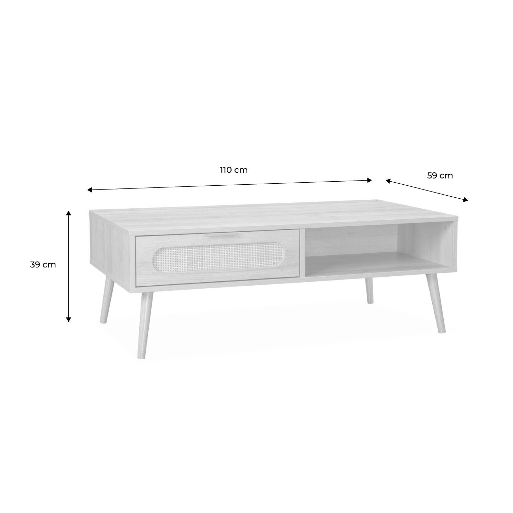 Table basse. Eva.  scandinave en cannage arrondi et en décor bois. 1 tiroir réversible L110 x l59 x H39cm | sweeek - Image 4