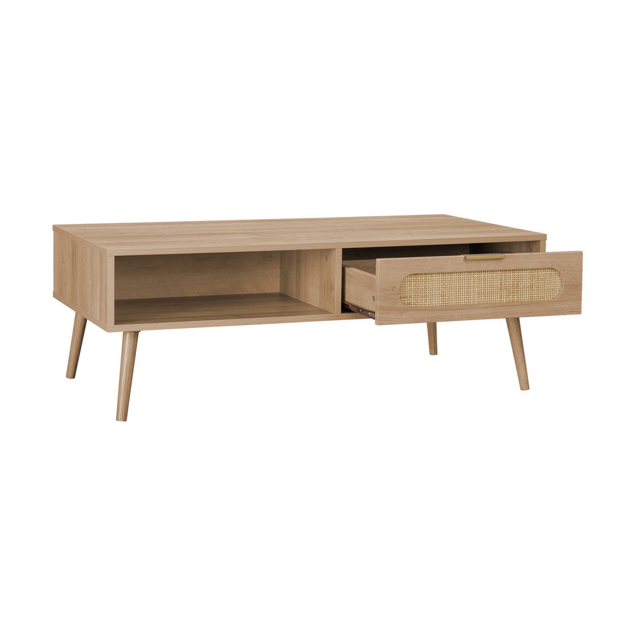 Table basse. Eva.  scandinave en cannage arrondi et en décor bois. 1 tiroir réversible L110 x l59 x H39cm | sweeek - Image 6