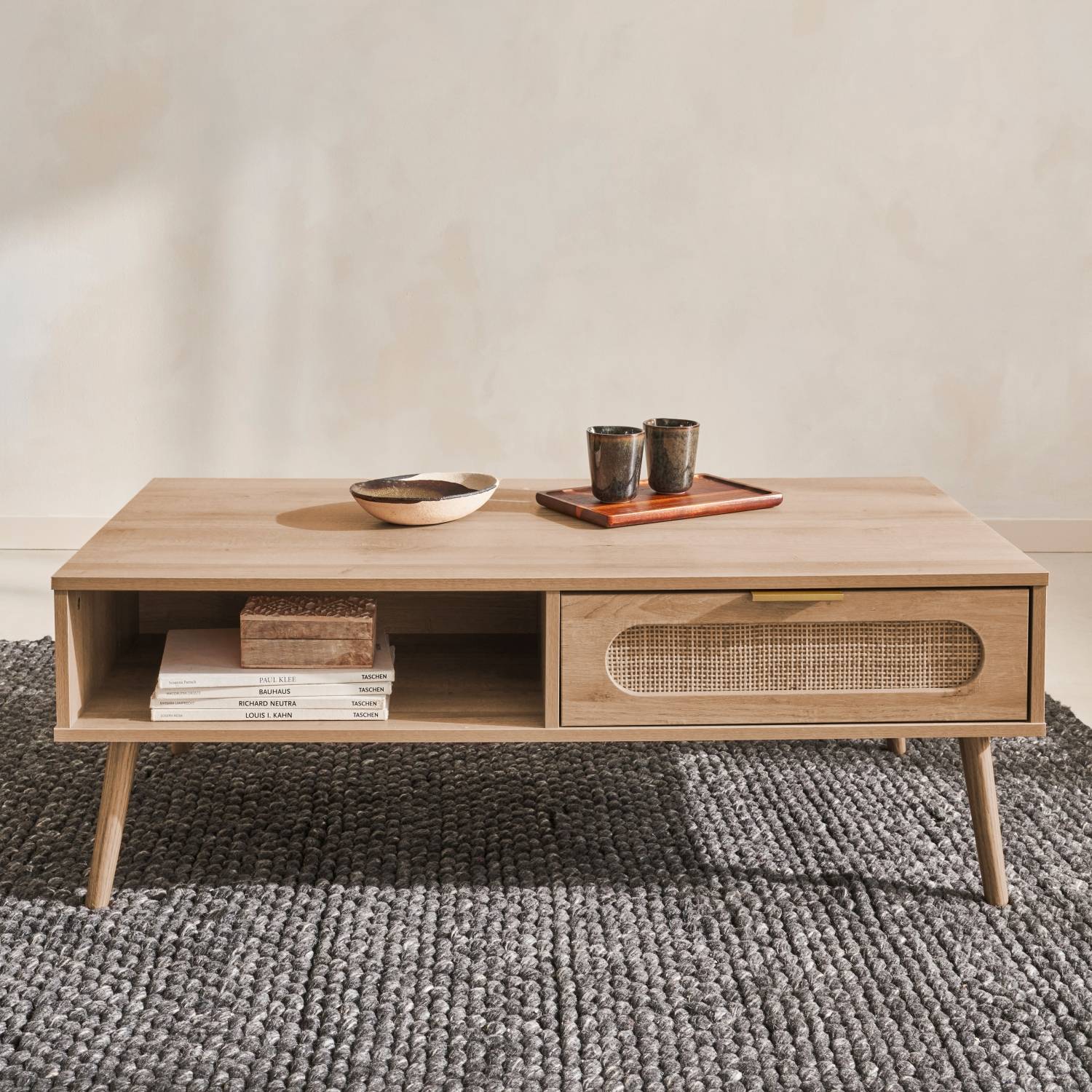 Table basse. Eva.  scandinave en cannage arrondi et en décor bois. 1 tiroir réversible L110 x l59 x H39cm | sweeek - Image 1