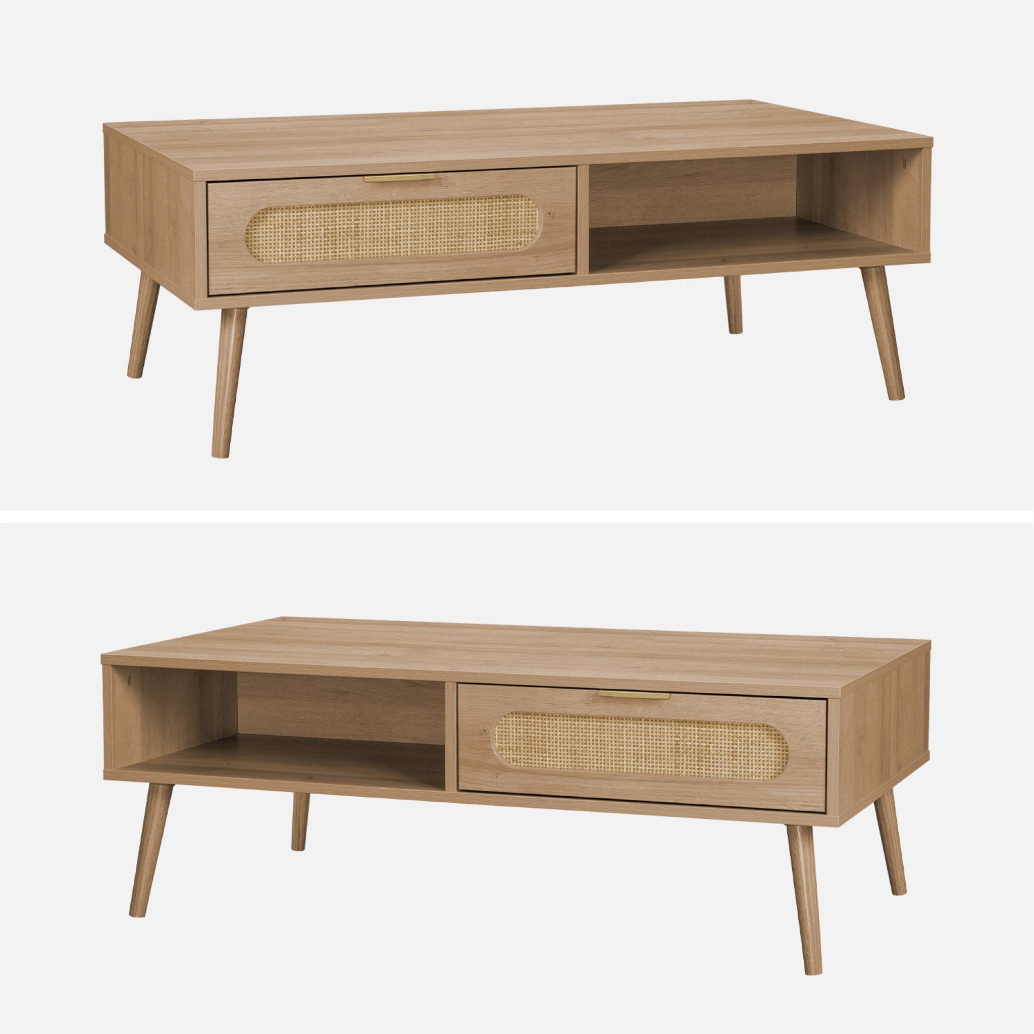 Table basse. Eva.  scandinave en cannage arrondi et en décor bois. 1 tiroir réversible L110 x l59 x H39cm | sweeek - Image 5