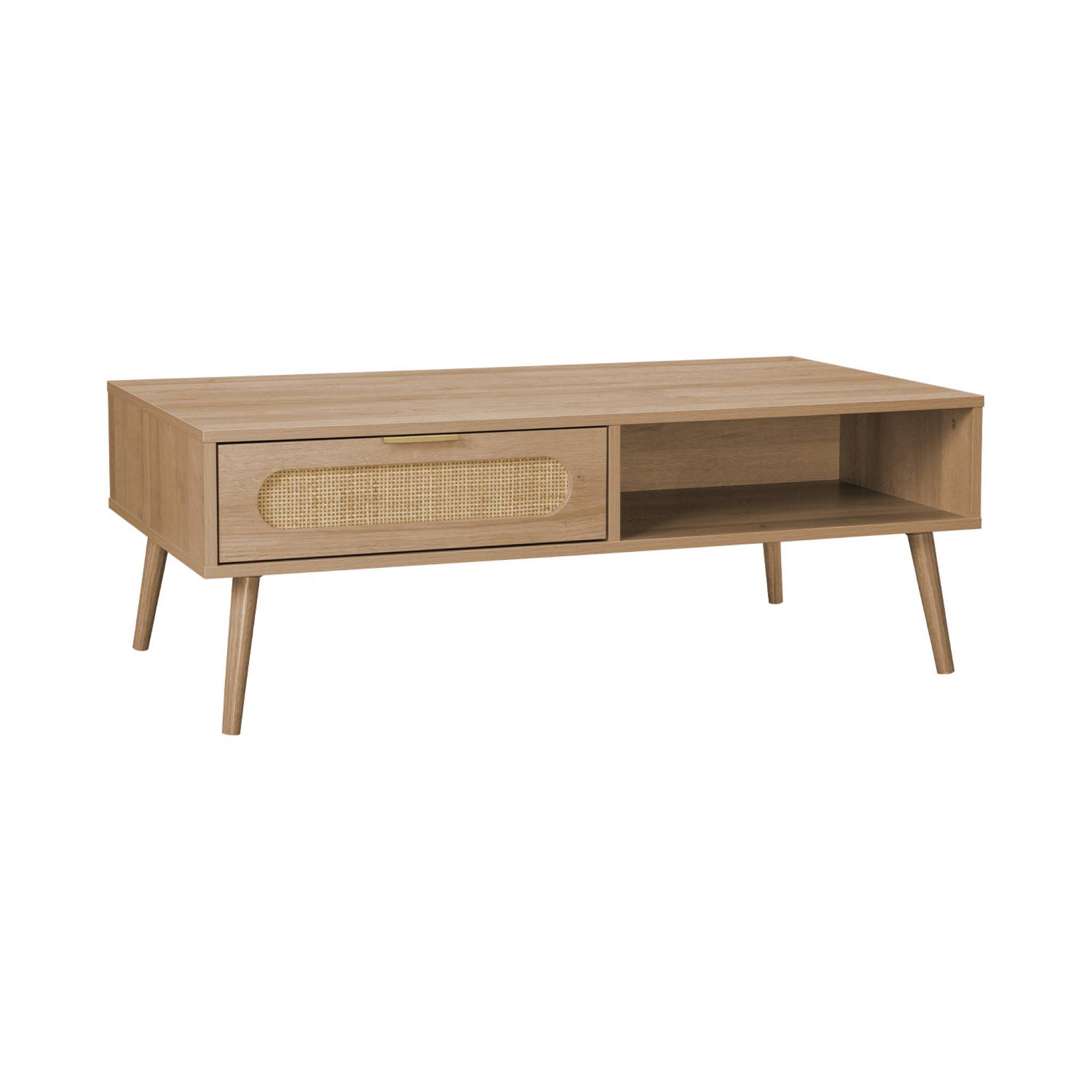 Table basse. Eva.  scandinave en cannage arrondi et en décor bois. 1 tiroir réversible L110 x l59 x H39cm | sweeek - Image 2