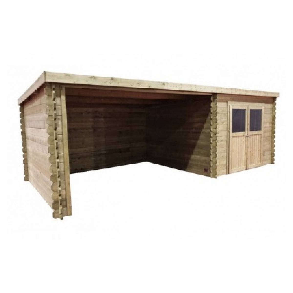 Abri de jardin Rohan en bois traité autoclave de 19,82m² avec terrasse couverte