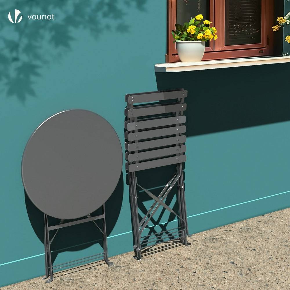 Vounot - Ensemble bistro extérieur 1 table 2 chaises acier gris - Image 7