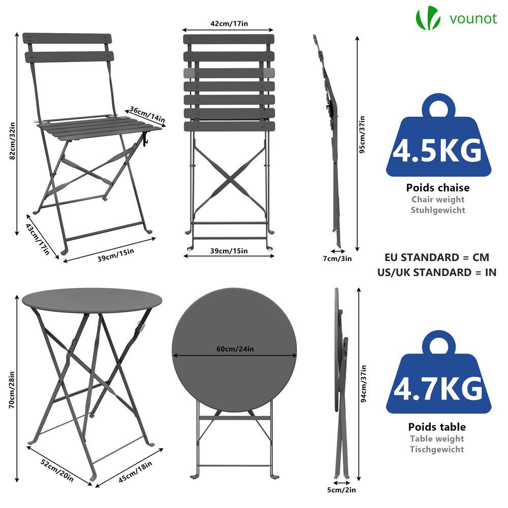 Vounot - Ensemble bistro extérieur 1 table 2 chaises acier gris - Image 4
