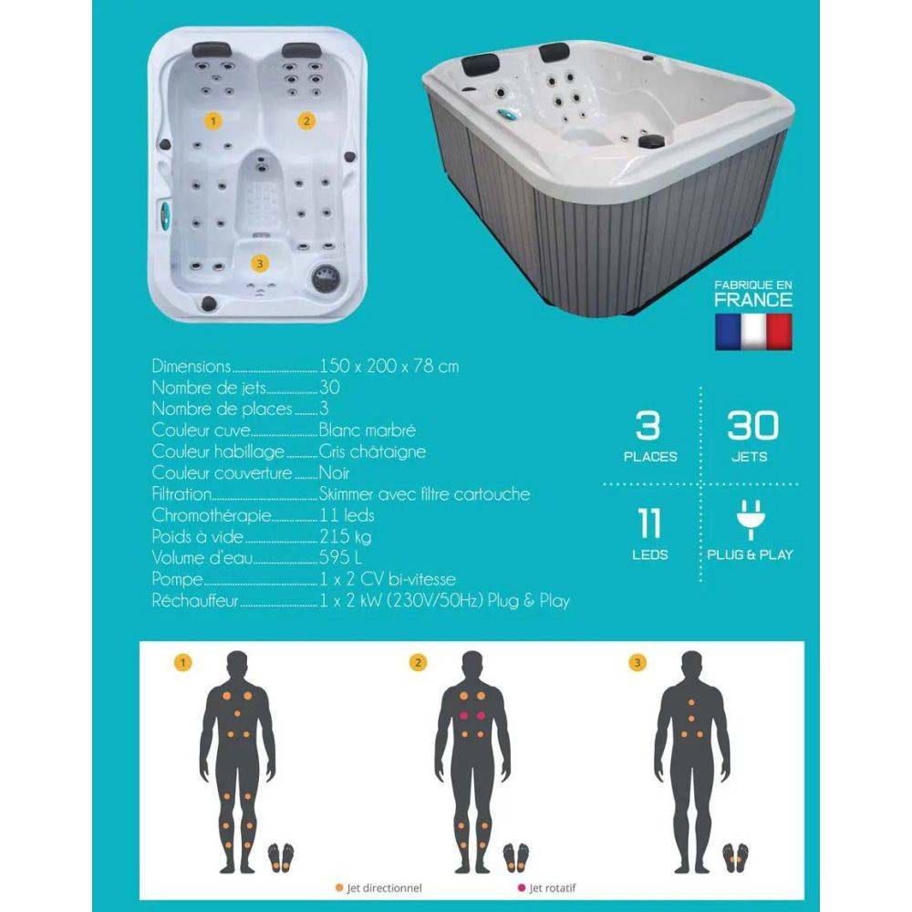 Alpina - Spa rigide gris et blanc marbré jets et leds Costa (3 places dont 2 allongées) - Imagen 3