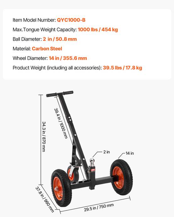 VEVOR Chariot remorque, charge 454kg. Hauteur réglable, boule 50.8mm, pneus pneumatiques. Pour camping-car. - Image 7