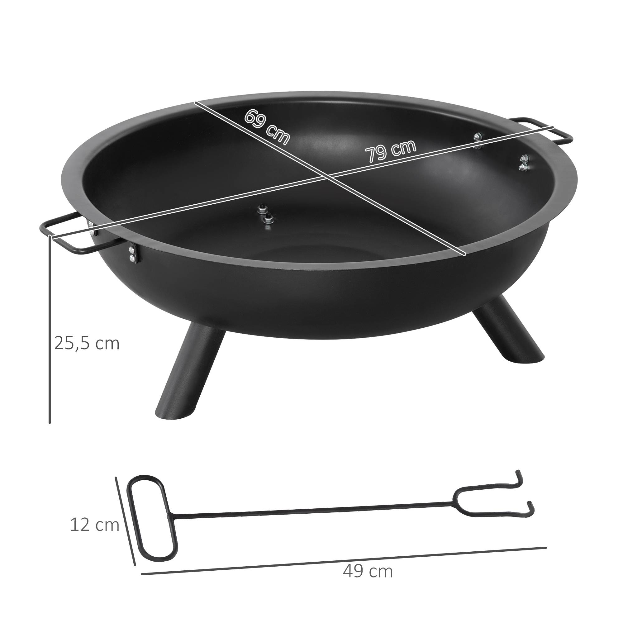 Outsunny - Brasero boule de feu cheminée foyer extérieur dim. 79L x 69l x 25,5H cm 2 poignées tisonnier acier noir - Outsunny - Imagen 3