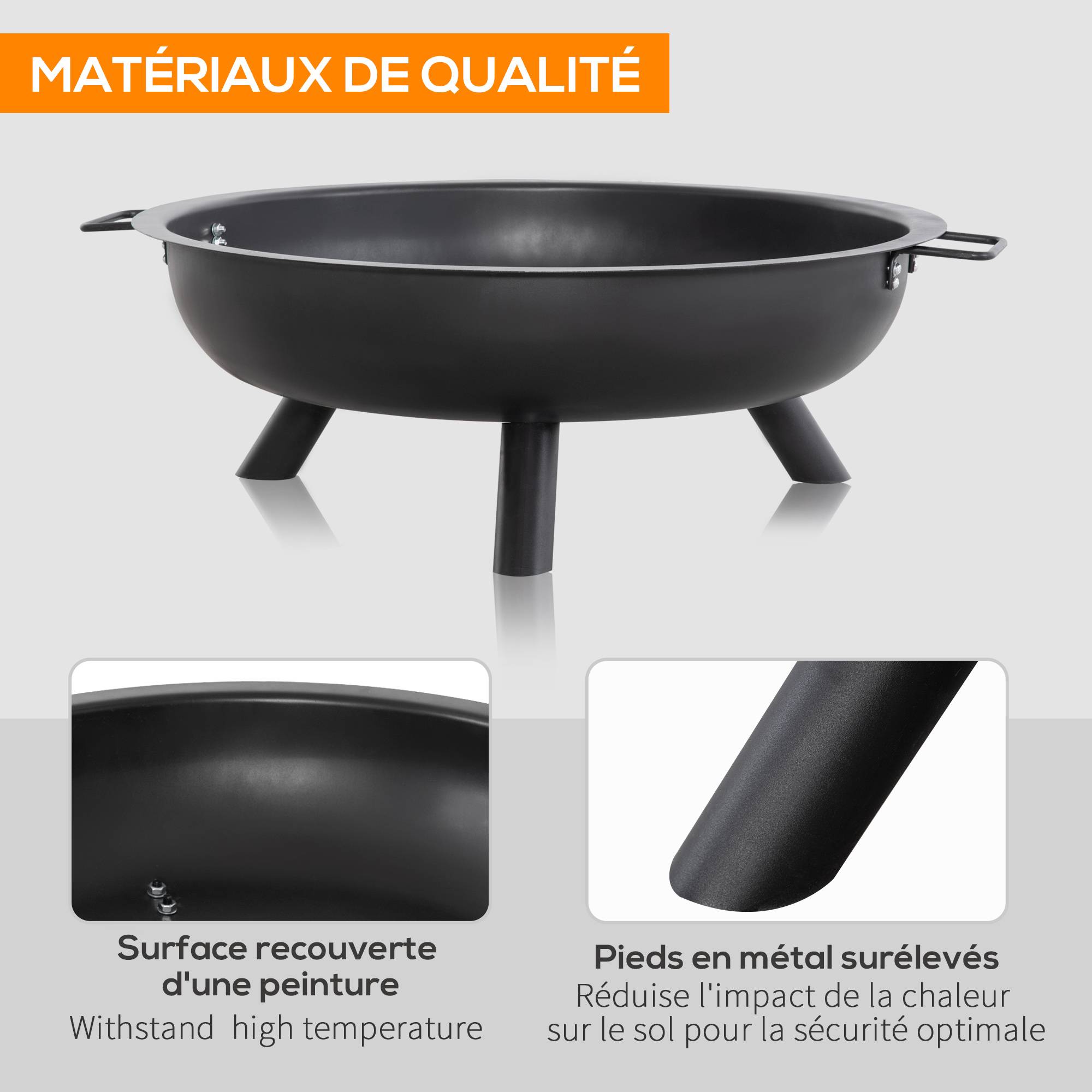 Outsunny - Brasero boule de feu cheminée foyer extérieur dim. 79L x 69l x 25,5H cm 2 poignées tisonnier acier noir - Outsunny - Imagen 2