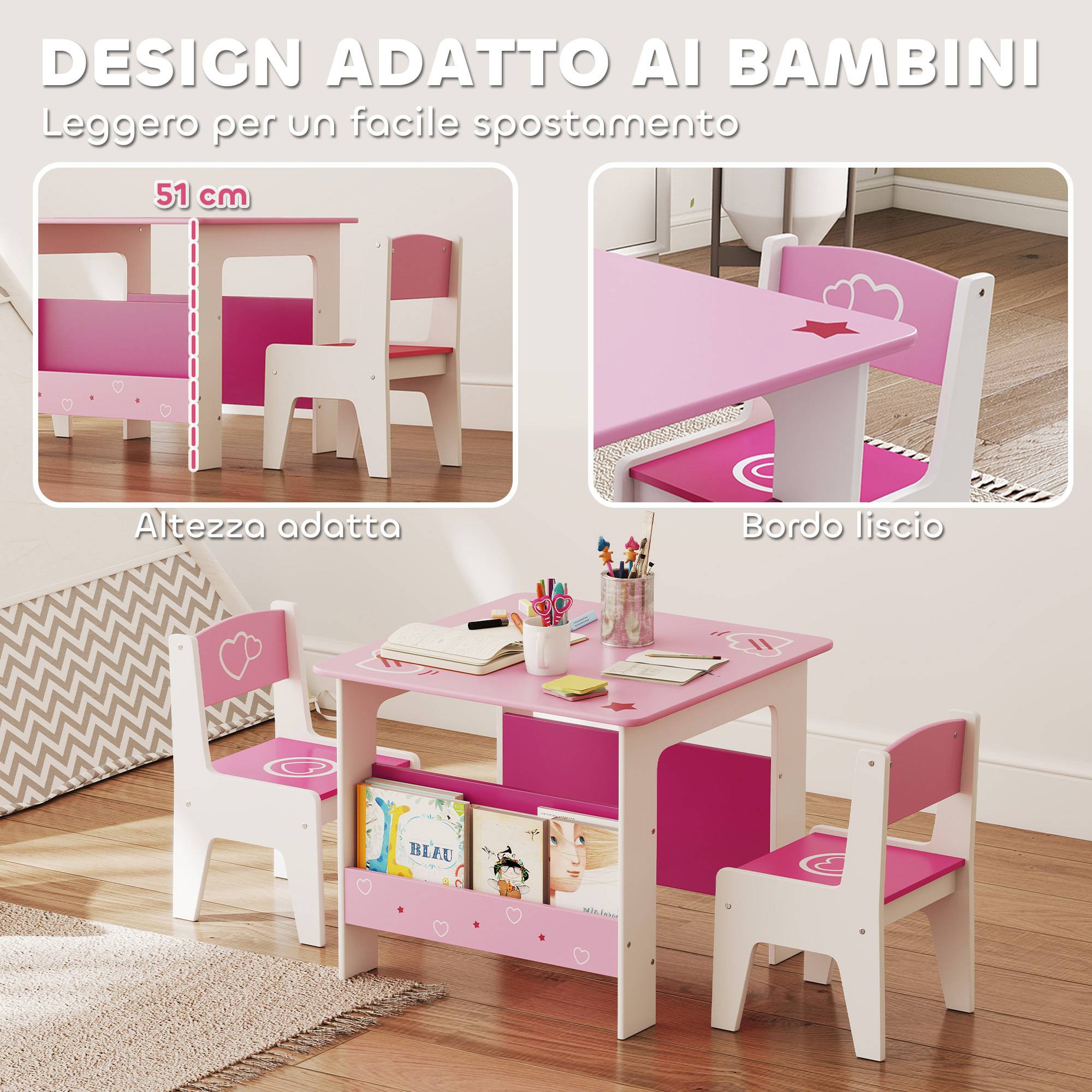 Table avec 2 chaises enfant 3-8 ans, table MDF étagère motifs cœur, rose - Image 9