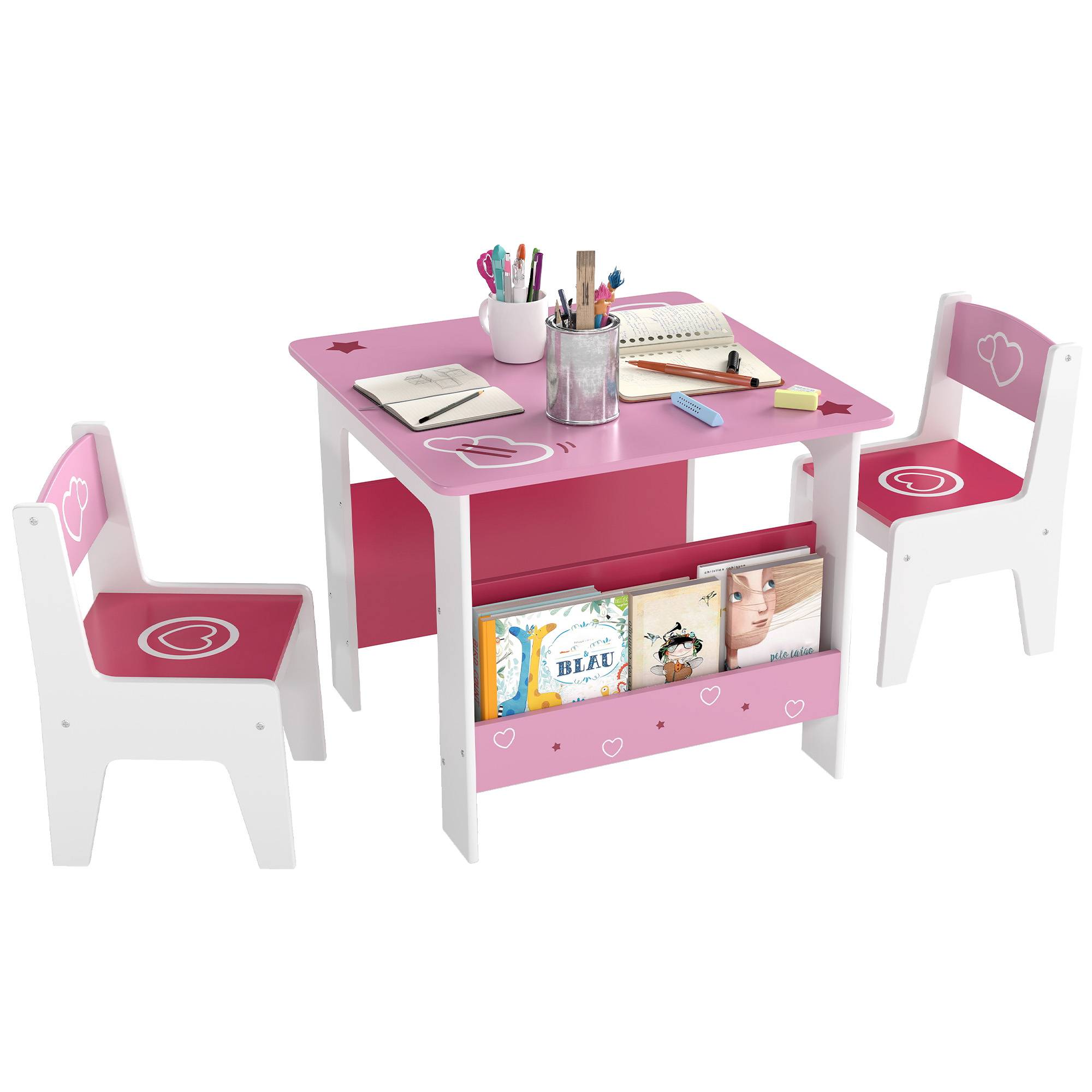 Table avec 2 chaises enfant 3-8 ans, table MDF étagère motifs cœur, rose - Image 1