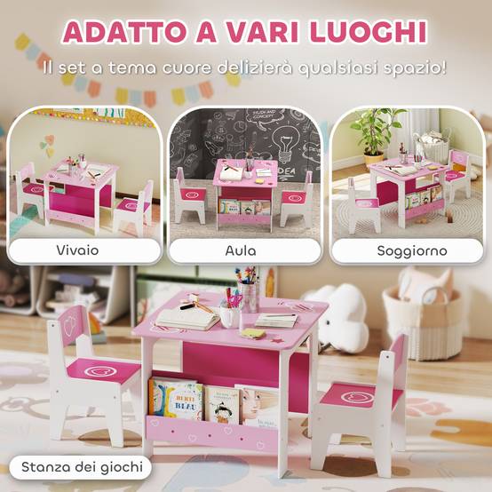 Table avec 2 chaises enfant 3-8 ans, table MDF étagère motifs cœur, rose - Image 7