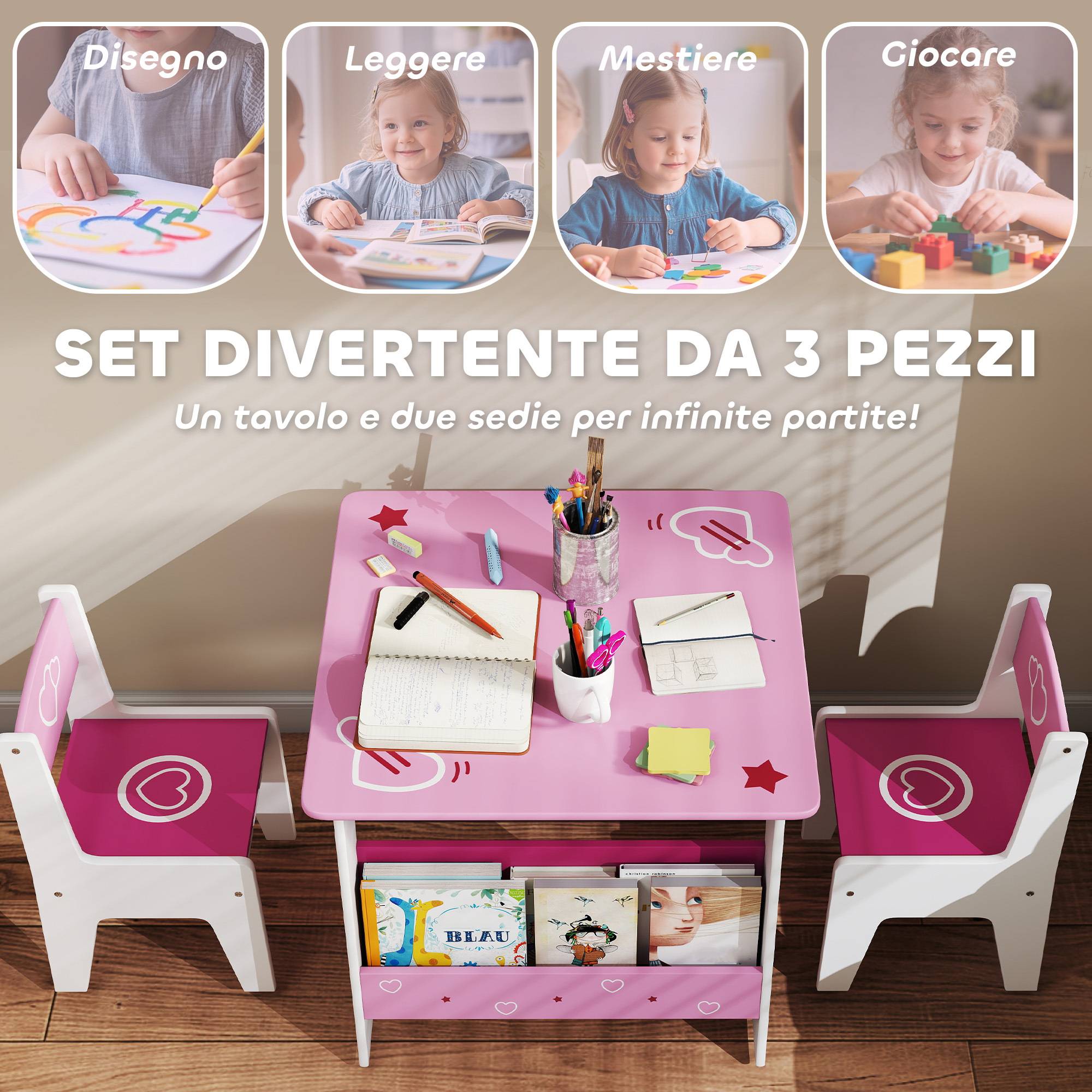 Table avec 2 chaises enfant 3-8 ans, table MDF étagère motifs cœur, rose - Image 6