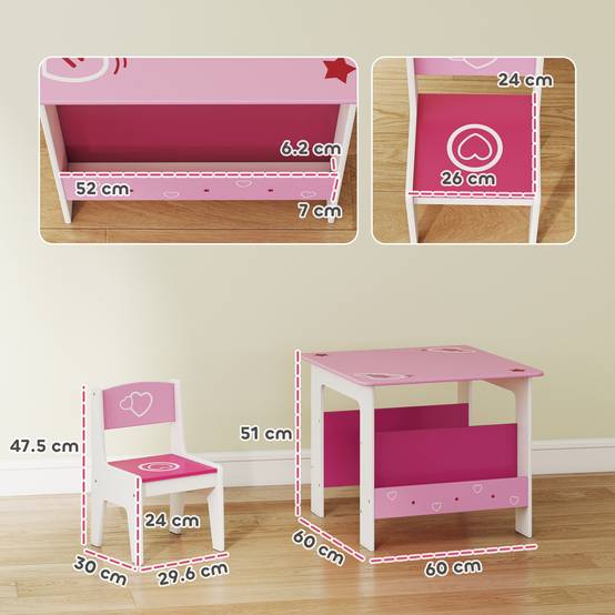 Table avec 2 chaises enfant 3-8 ans, table MDF étagère motifs cœur, rose - Image 5