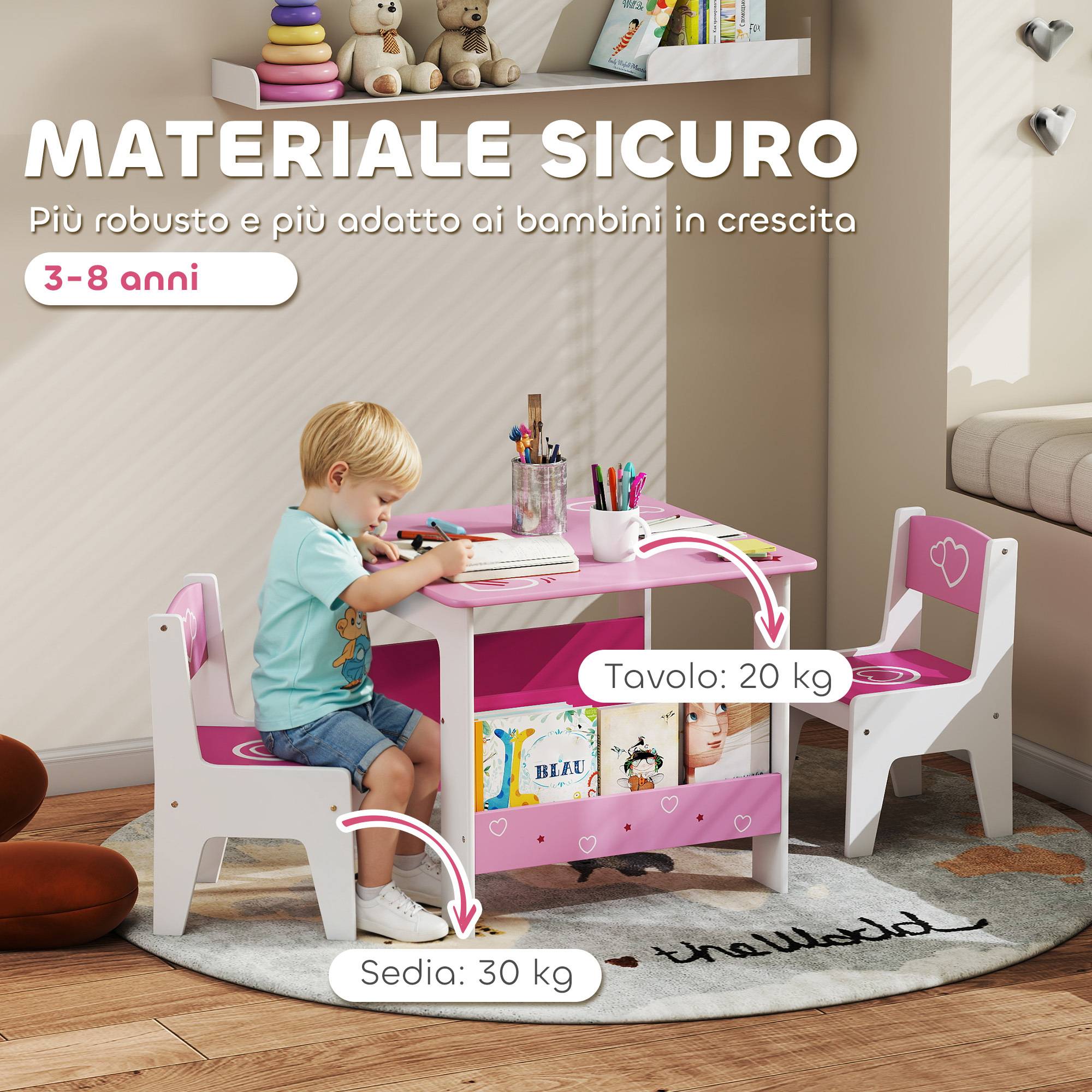 Table avec 2 chaises enfant 3-8 ans, table MDF étagère motifs cœur, rose - Image 10