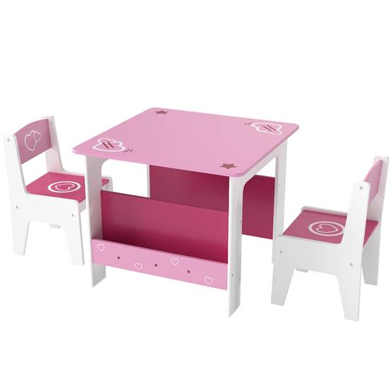 Table avec 2 chaises enfant 3-8 ans, table MDF étagère motifs cœur, rose - Image 2