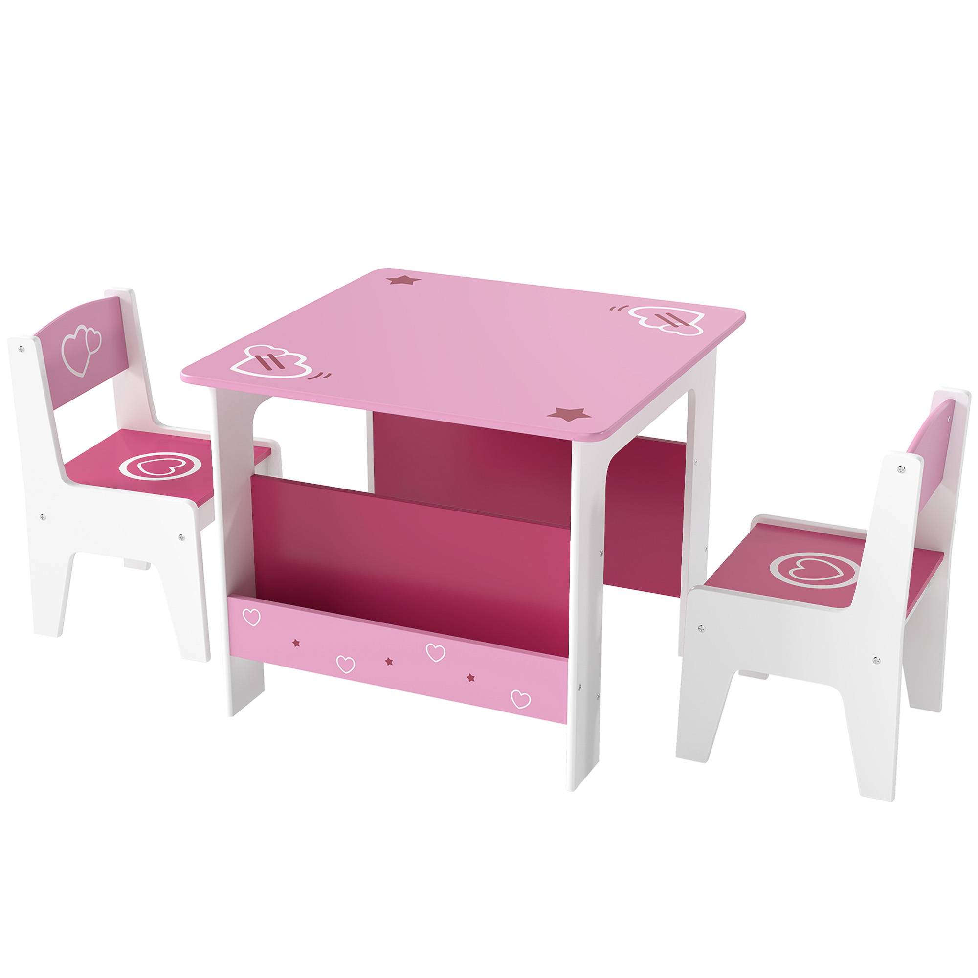 Table avec 2 chaises enfant 3-8 ans, table MDF étagère motifs cœur, rose - Image 2