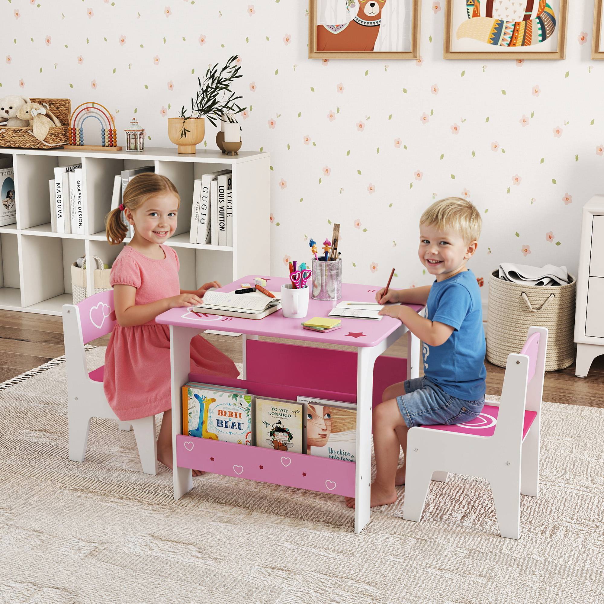 Table avec 2 chaises enfant 3-8 ans, table MDF étagère motifs cœur, rose - Image 4