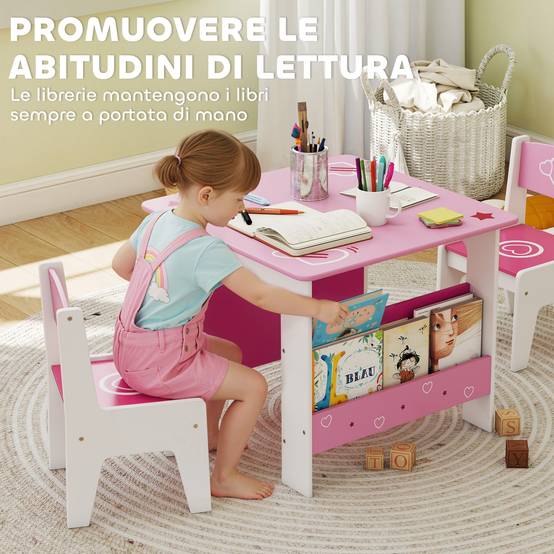 Table avec 2 chaises enfant 3-8 ans, table MDF étagère motifs cœur, rose - Image 8