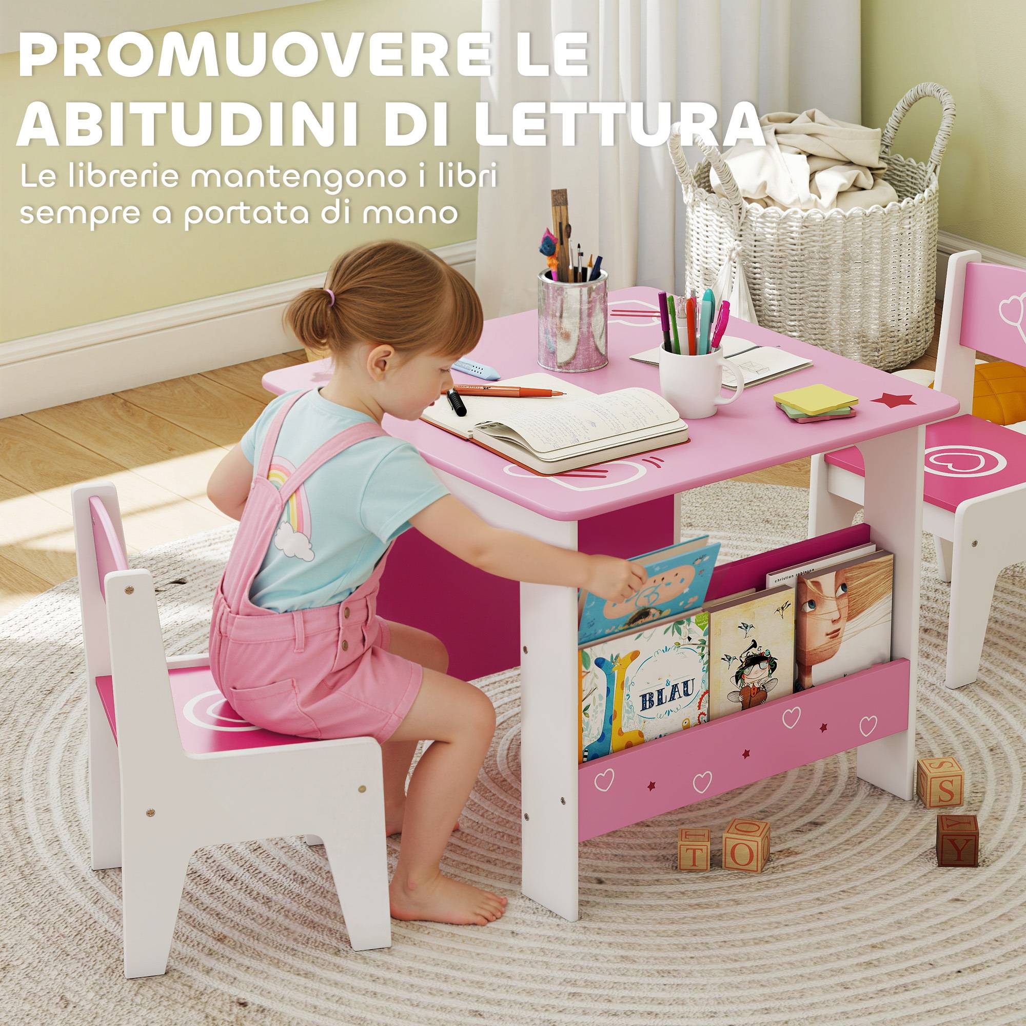 Table avec 2 chaises enfant 3-8 ans, table MDF étagère motifs cœur, rose - Image 8