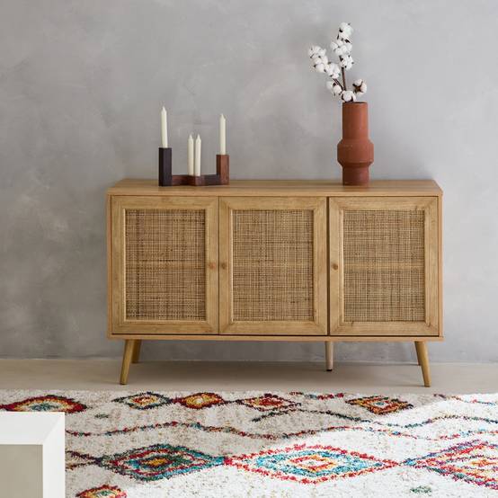 Buffet de rangement en cannage 120x39x70cm - Bohème - 2 niveaux. 3 portes. pieds scandinaves. buffet bas | sweeek - Image 1