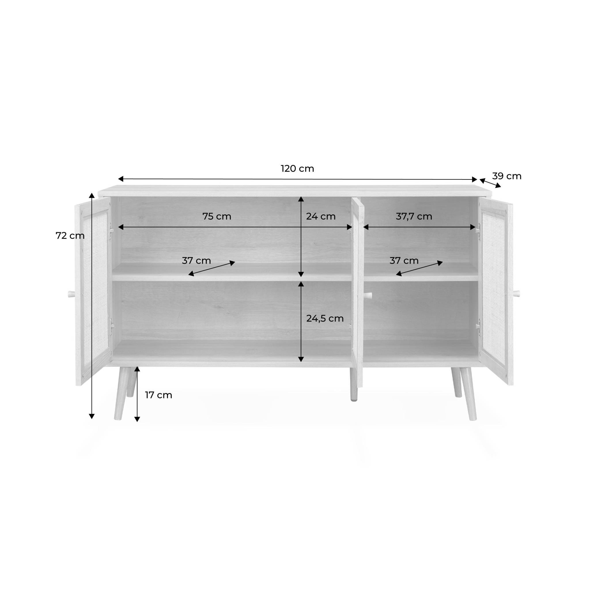 Buffet de rangement en cannage 120x39x70cm  - Bohème - 2 niveaux. 3 portes. pieds scandinaves. buffet bas | sweeek - Image 4