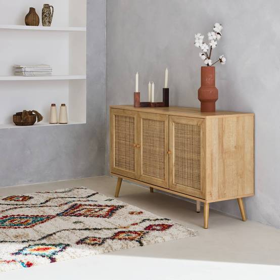 Buffet de rangement en cannage 120x39x70cm - Bohème - 2 niveaux. 3 portes. pieds scandinaves. buffet bas | sweeek - Image 3