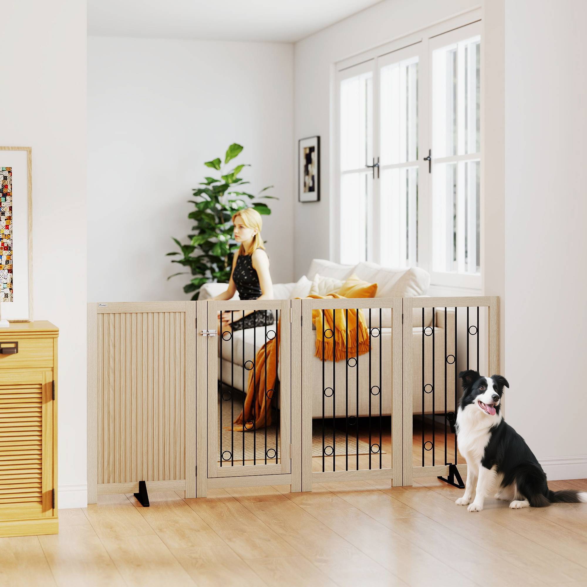 Sans Marque - Barrière autonome avec porte, 4 panneaux, pour couloir, escalier, cadre, MDF et acier - Image 4
