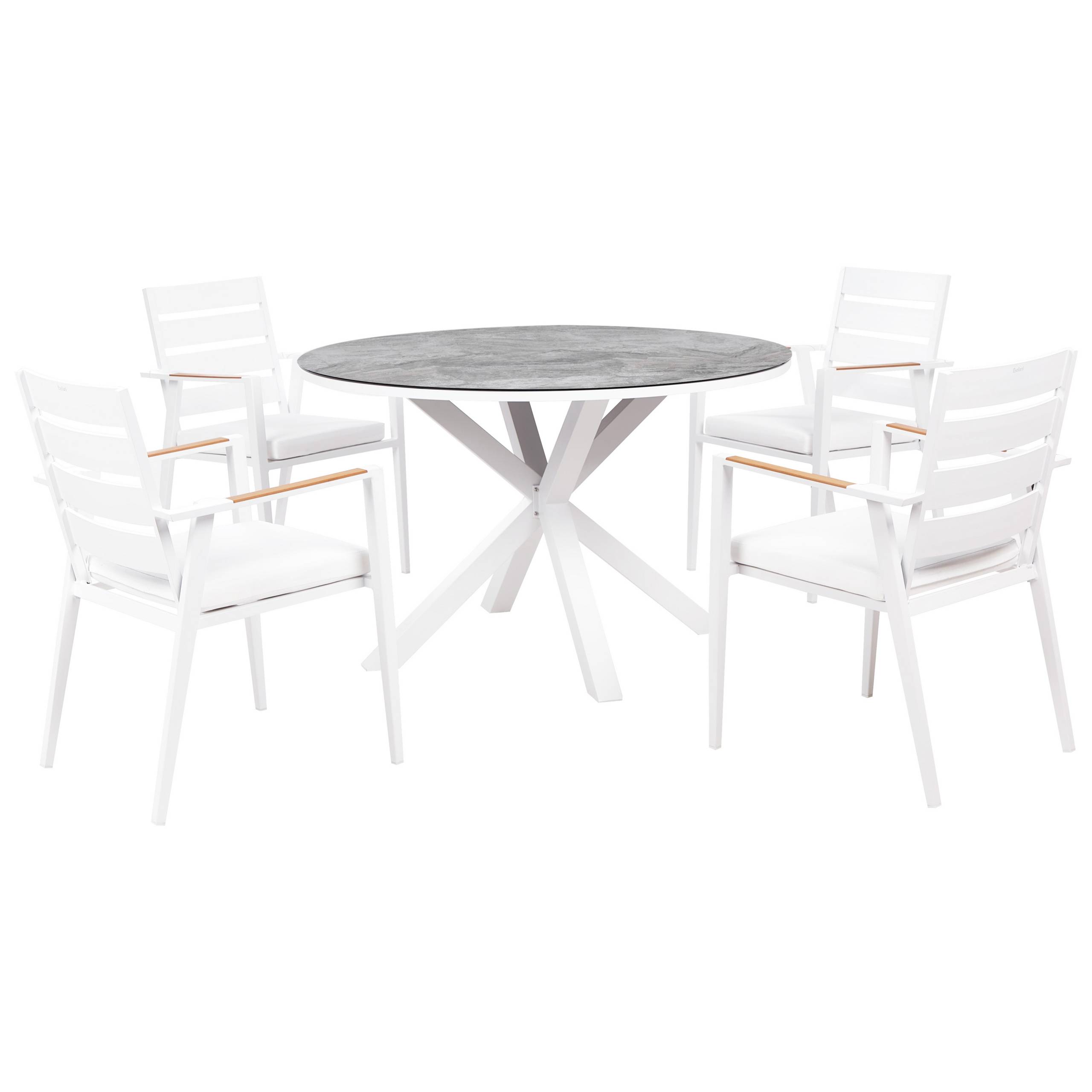 Beliani - Salle à Manger de Jardin Blanc en Aluminium Table Ronde Effet Marbre avec 4 Chaises et Coussins Pour Repas Convivial en Extérieur - Imagen 1