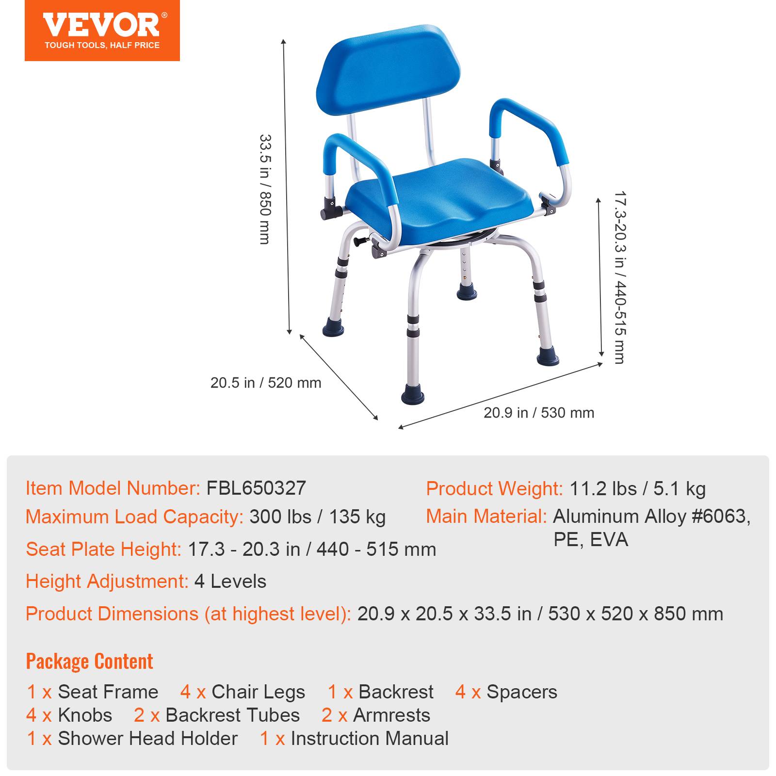 Vevor - VEVOR Chaise douche pivotante 360°, siège réglable/rembourré, antidérapant, capacité 300kg, pour personnes âgées. - Image 7