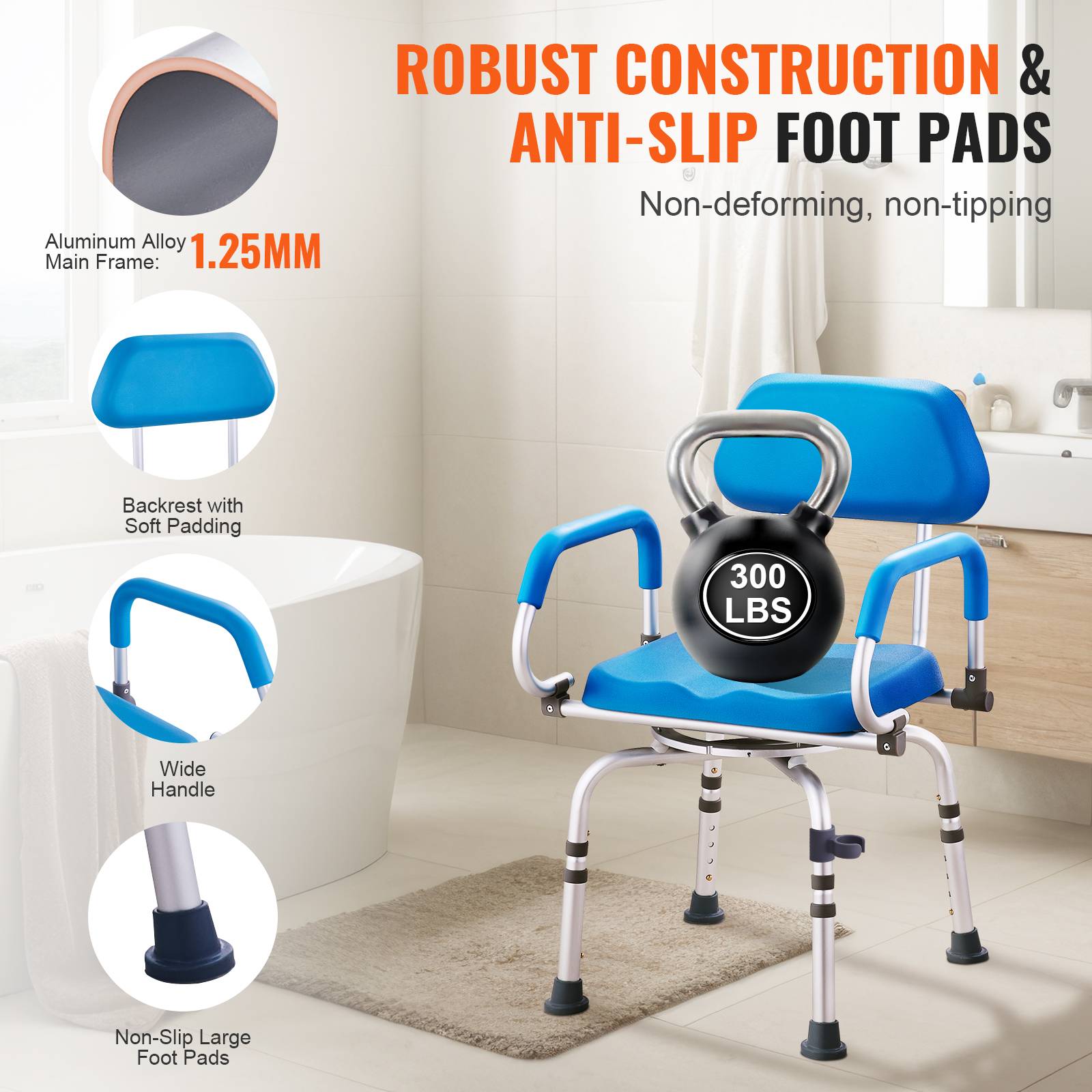 Vevor - VEVOR Chaise douche pivotante 360°, siège réglable/rembourré, antidérapant, capacité 300kg, pour personnes âgées. - Image 4