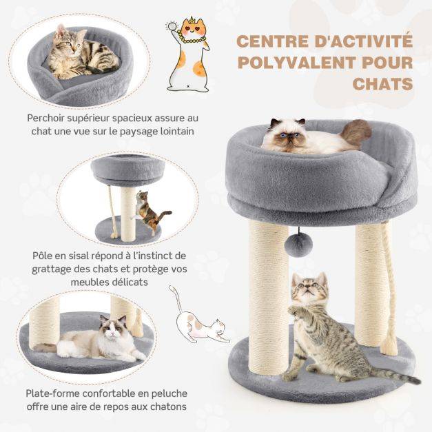 Helloshop26 - Arbre à chat tour d'arbre griffoir 2 plateformes avec perchoir à dessus souple boule de fourrure 53 cm corde en sisal gris - Imagen 5