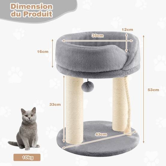 Helloshop26 - Arbre à chat tour d'arbre griffoir 2 plateformes avec perchoir à dessus souple boule de fourrure 53 cm corde en sisal gris - Imagen 4